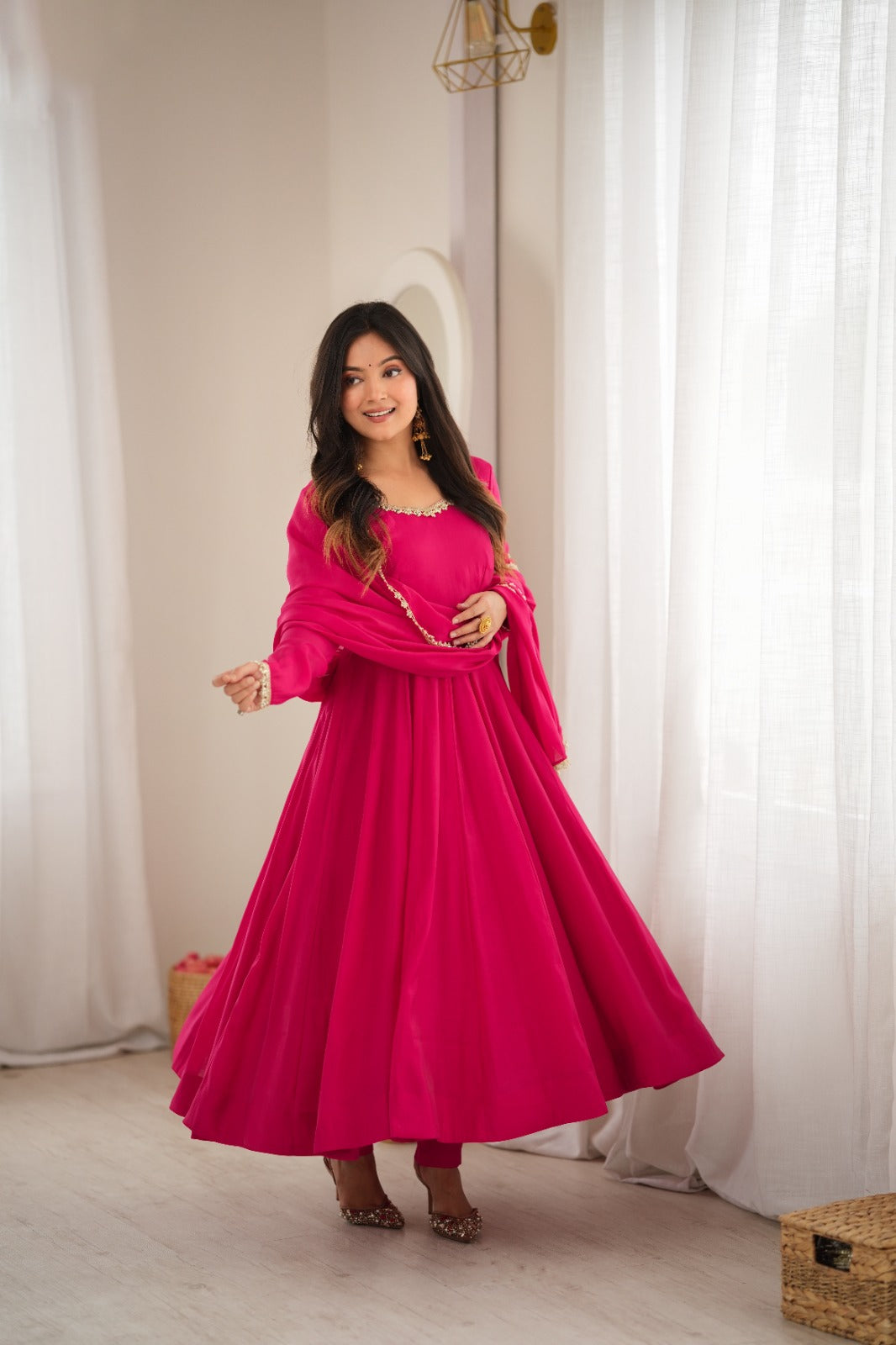 Hot Pink Flared Anarkali Suit Set with Dupatta – Festive Wear
