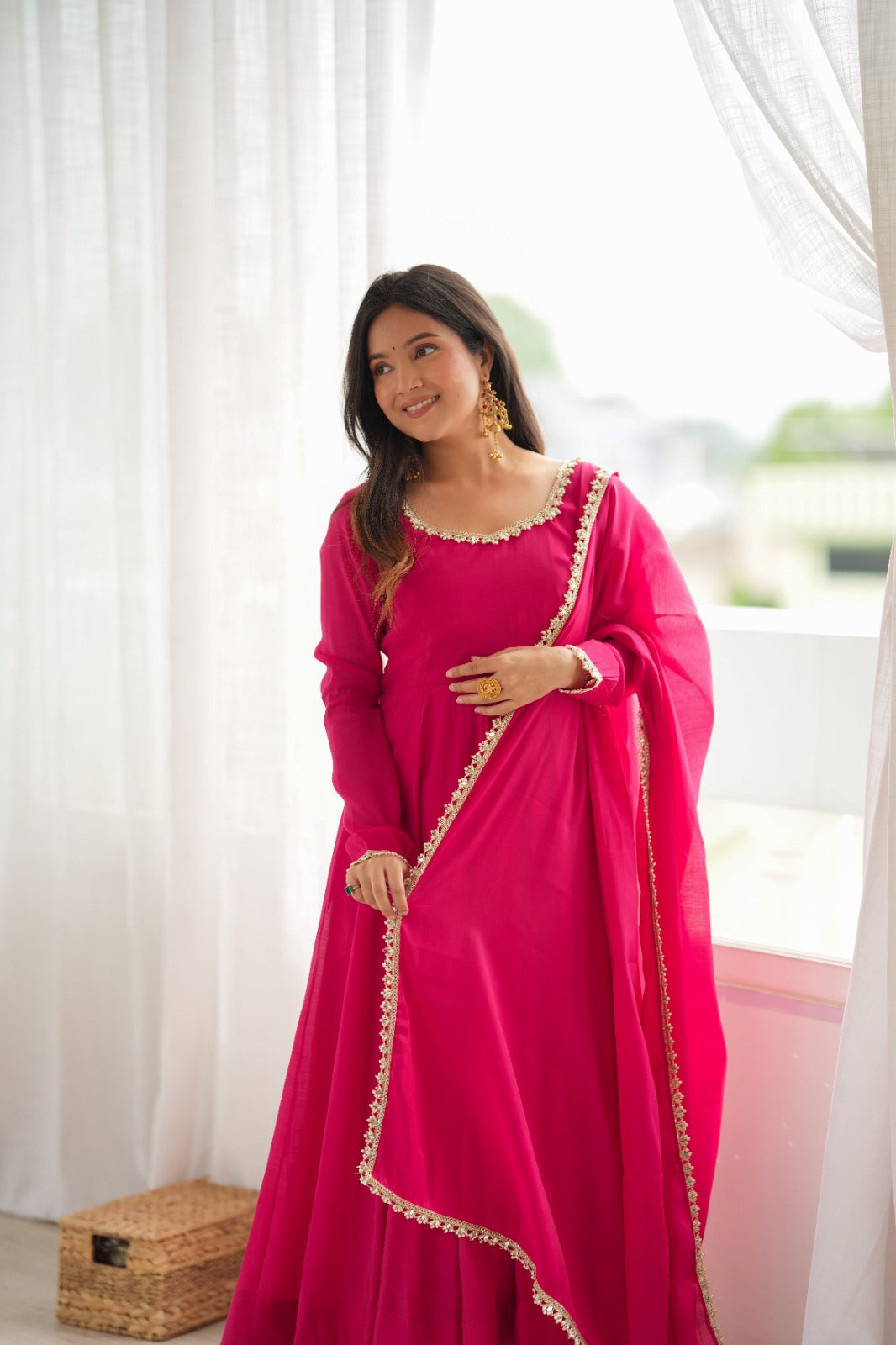 Hot Pink Flared Anarkali Suit Set with Dupatta – Festive Wear