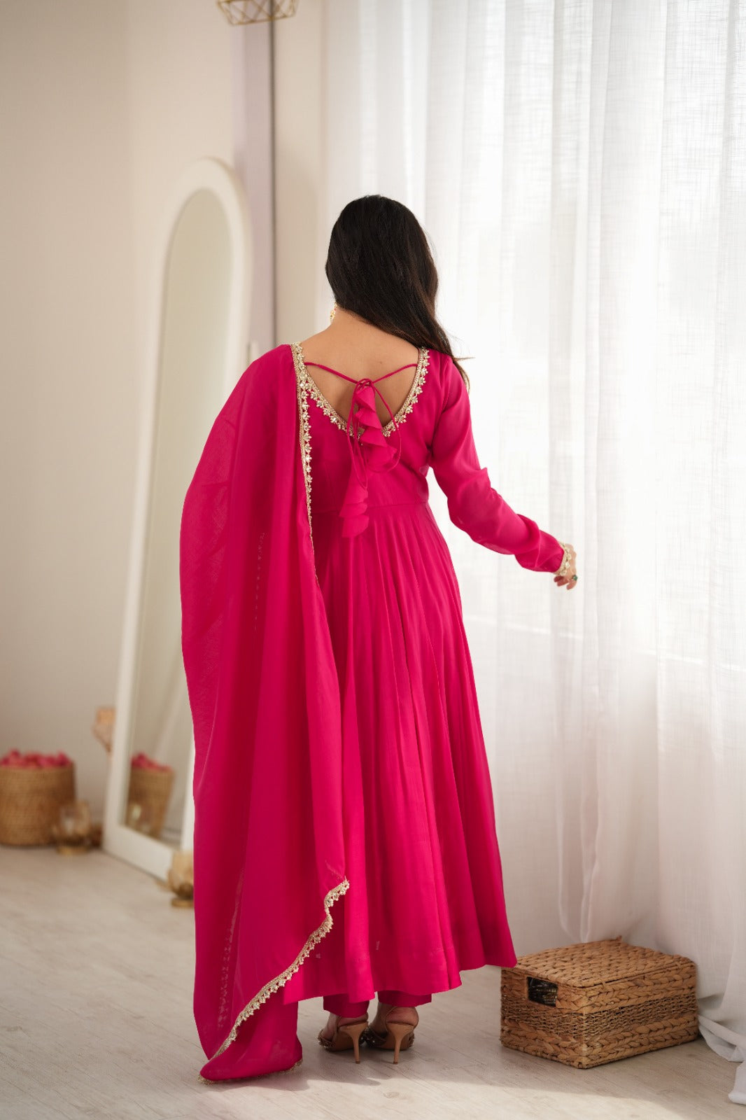 Hot Pink Flared Anarkali Suit Set with Dupatta – Festive Wear