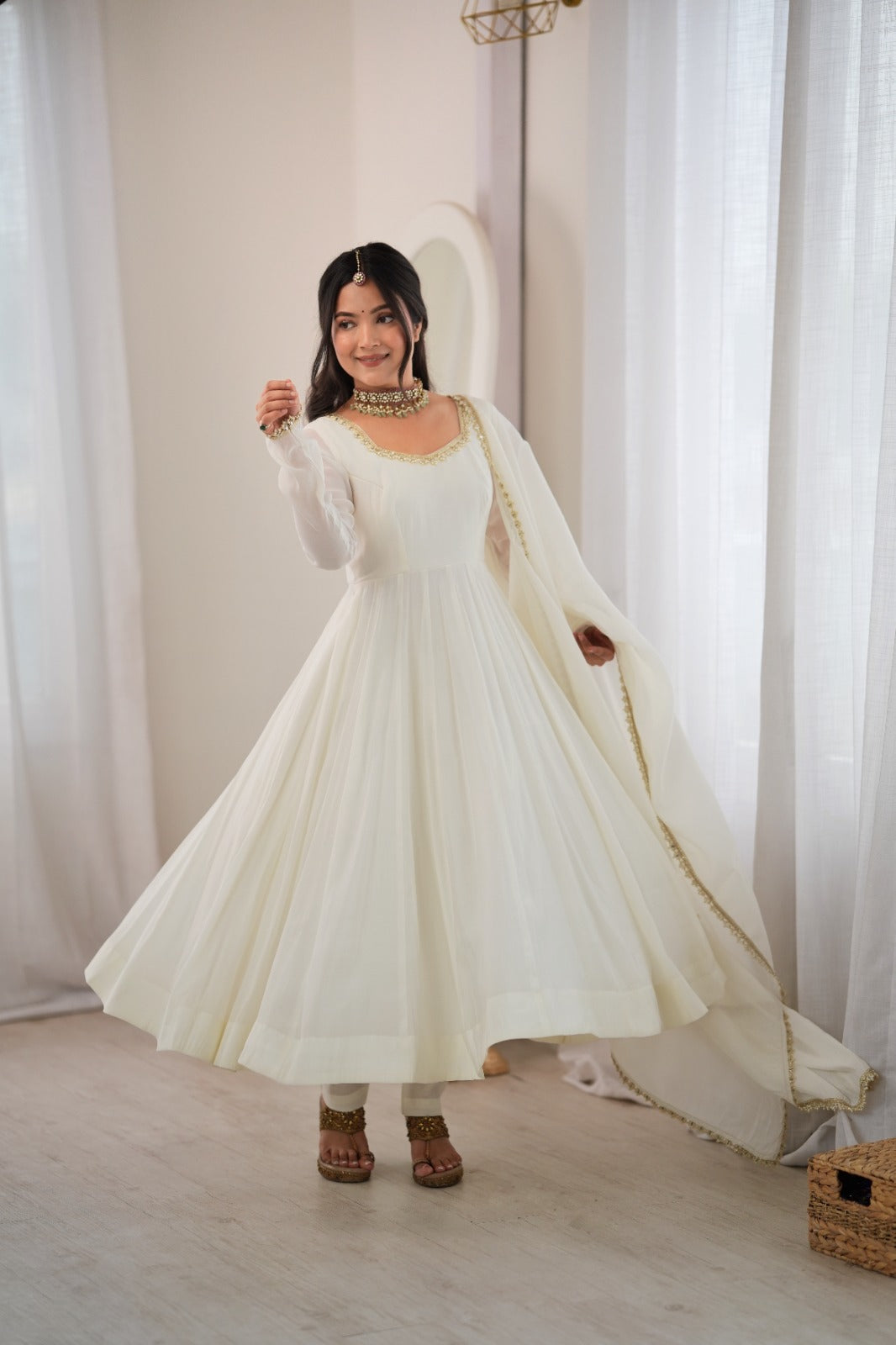 Ivory White Anarkali Suit Set with Dupatta – Festive & Wedding Wear