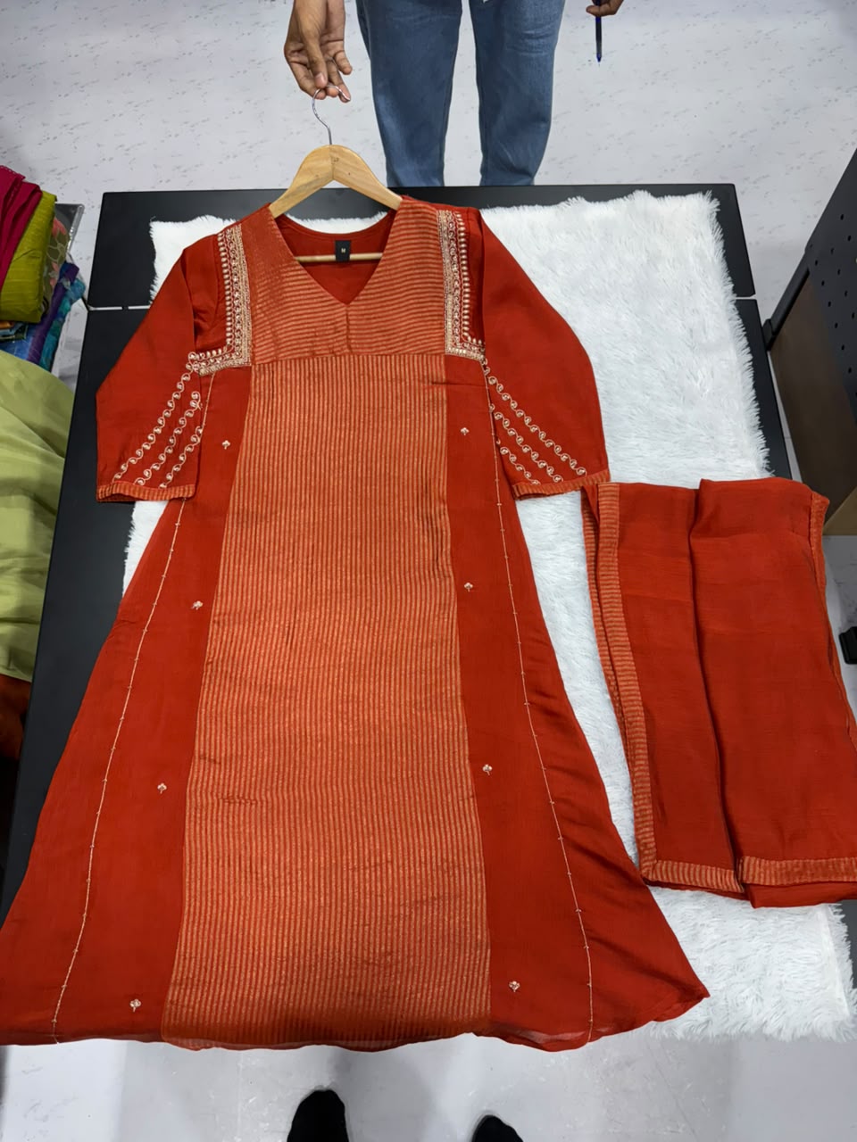 Women's Premium Deep Orange Embroidered Straight Kurta Set with Dupatta