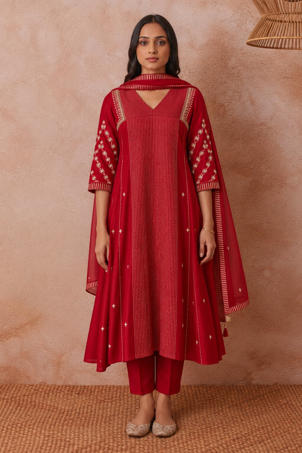 Women’s  Red Embroidered Kurta Set with Matching Pants & Dupatta