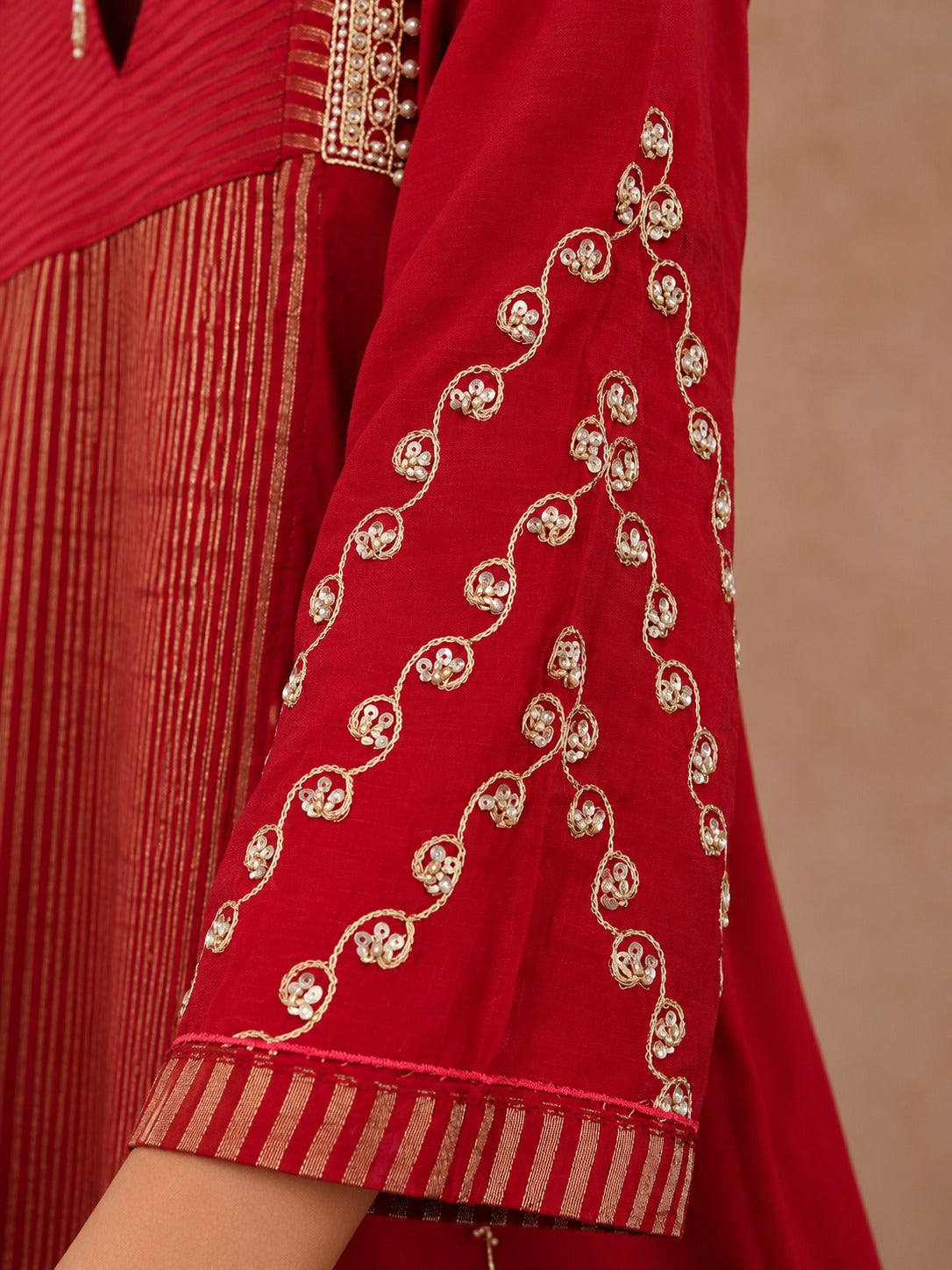 Women’s  Red Embroidered Kurta Set with Matching Pants & Dupatta