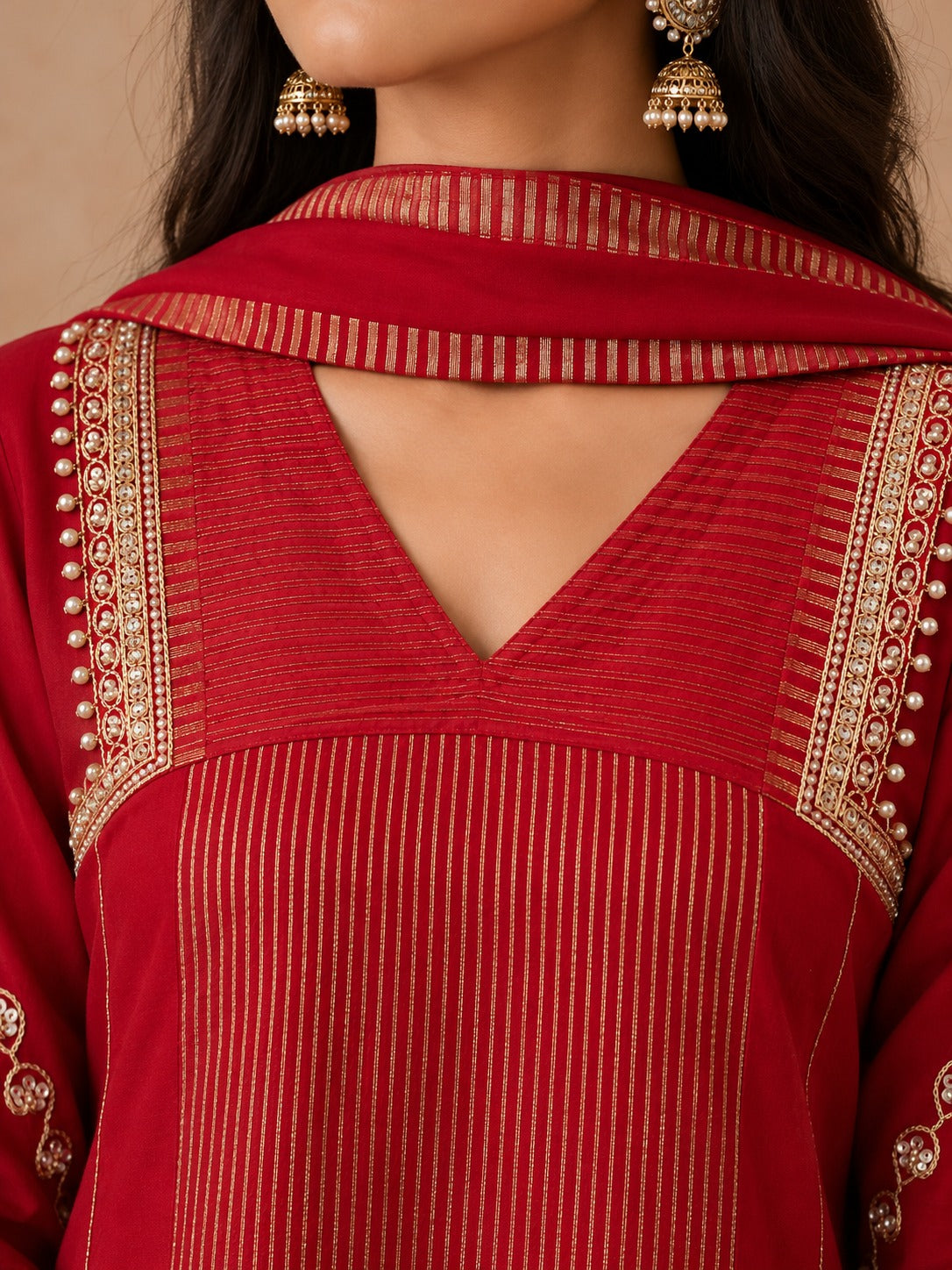 Women’s  Red Embroidered Kurta Set with Matching Pants & Dupatta