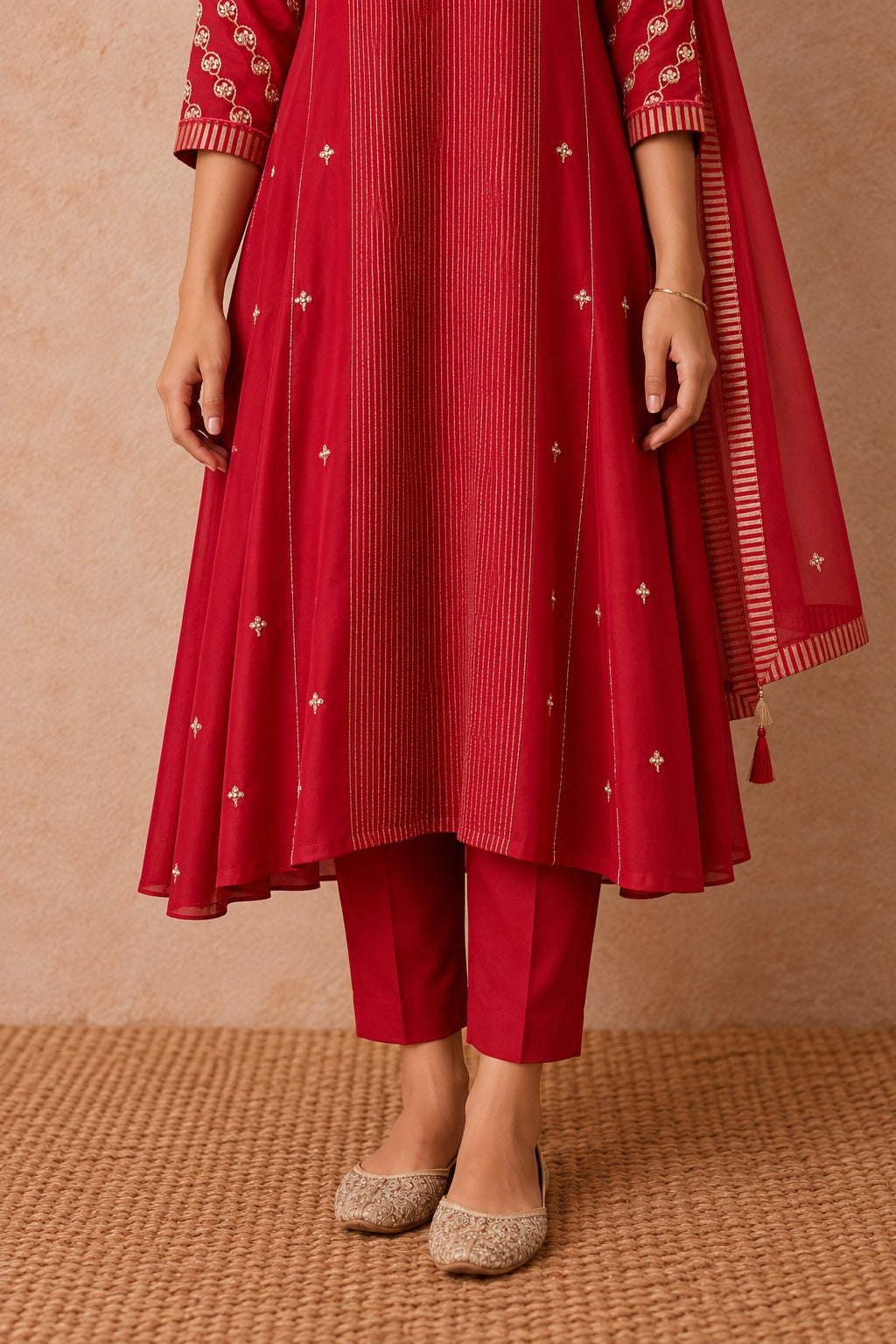 Women’s  Red Embroidered Kurta Set with Matching Pants & Dupatta