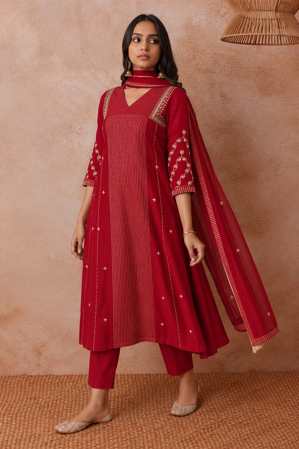 Women’s  Red Embroidered Kurta Set with Matching Pants & Dupatta