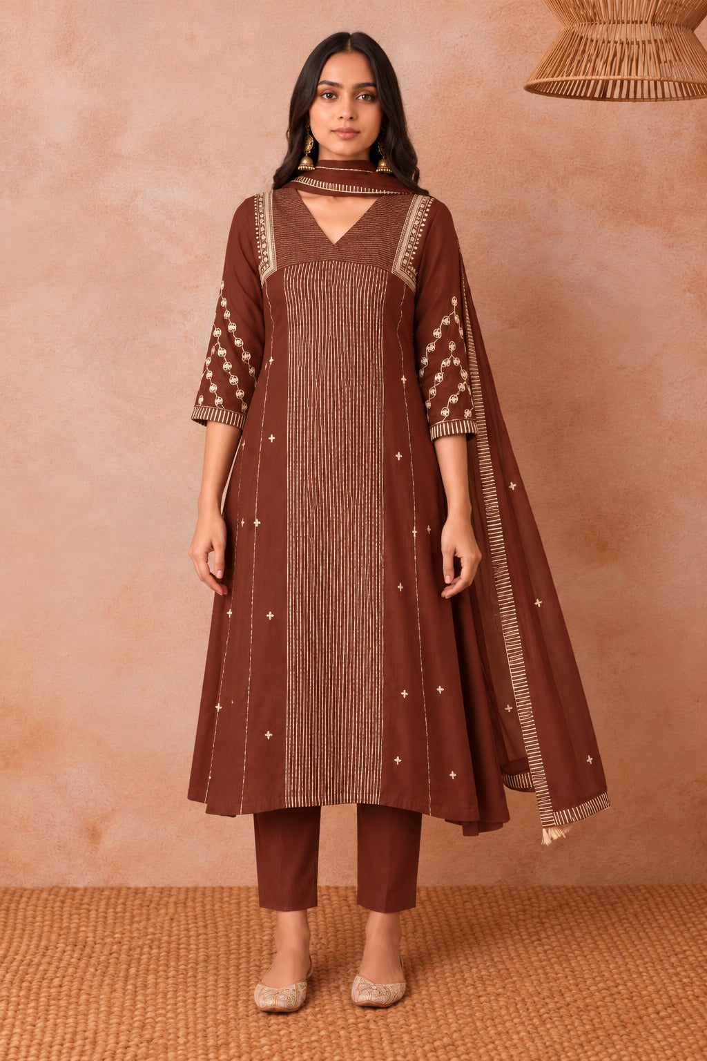 Women’s  Brown Embroidered Kurta Set with Matching Pants & Dupatta