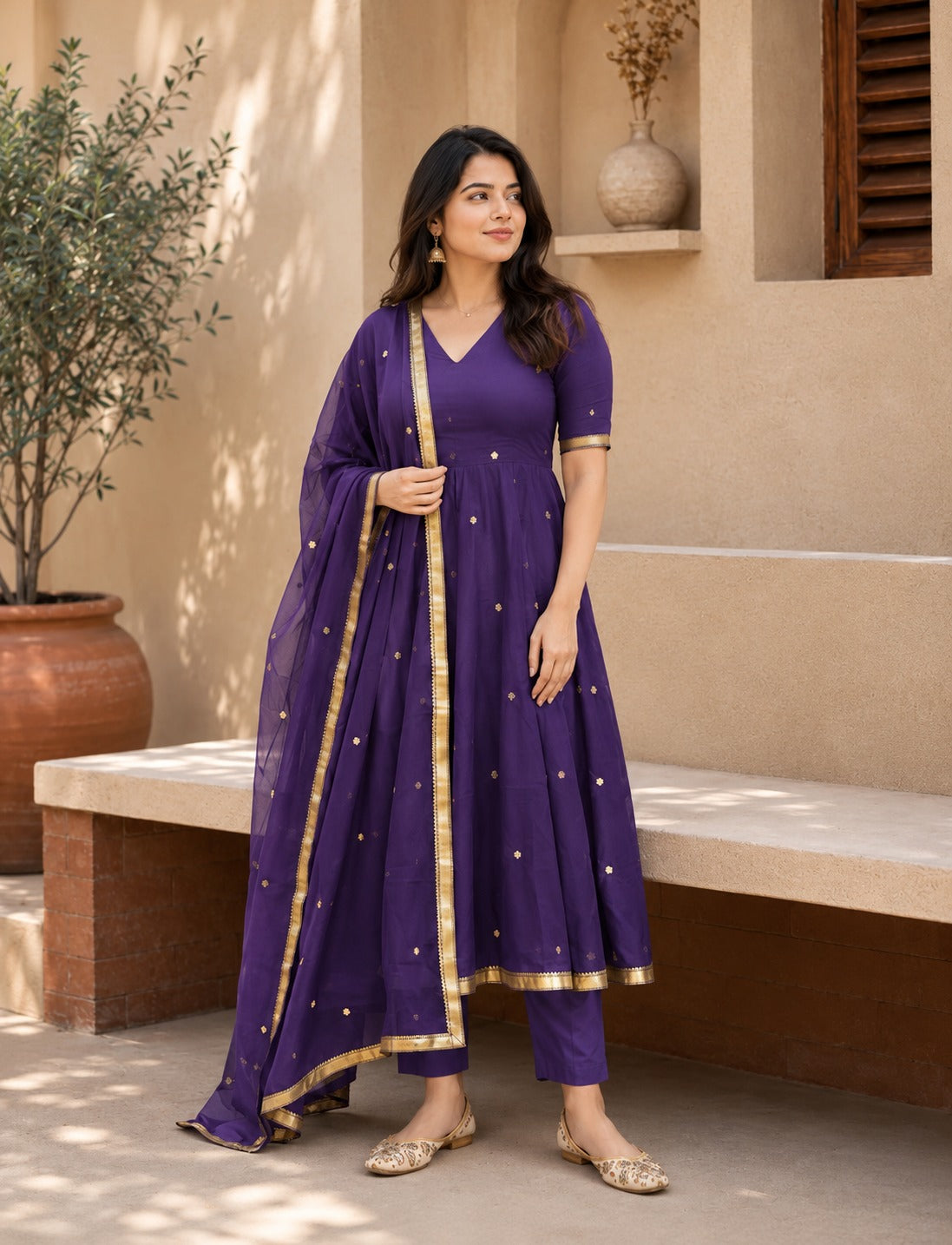 Women’s Purple Embroidered Anarkali Suit Set with Dupatta