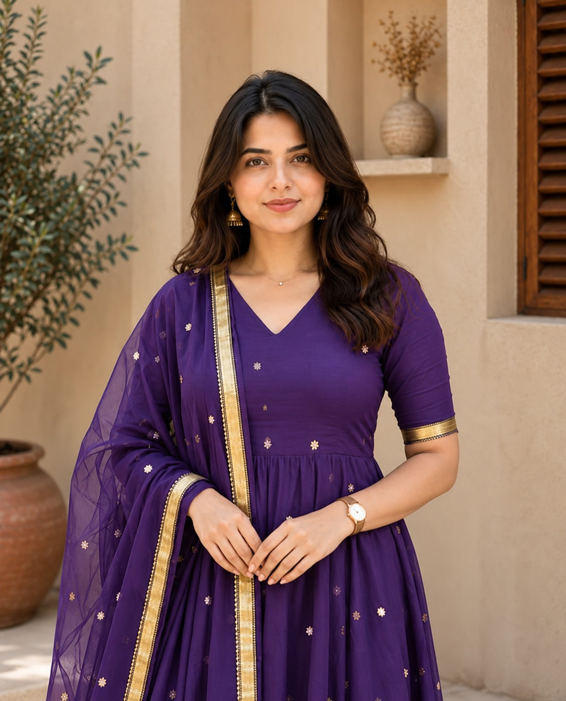 Women’s Purple Embroidered Anarkali Suit Set with Dupatta