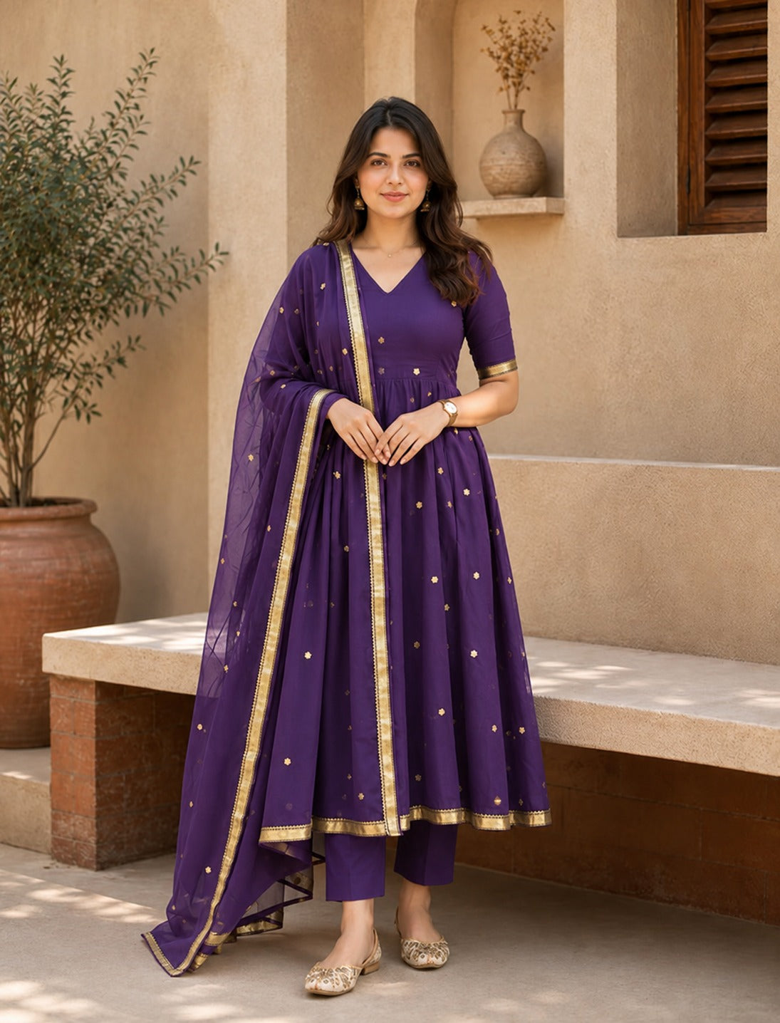 Women’s Purple Embroidered Anarkali Suit Set with Dupatta