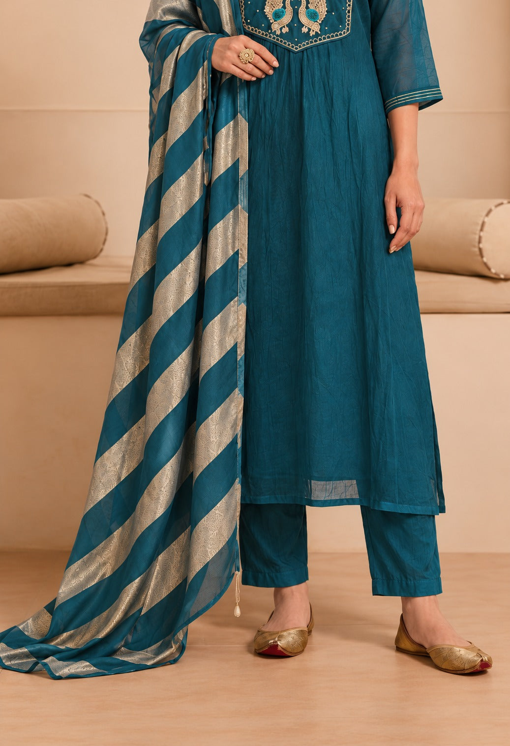 Teal Blue Embroidered A-line with Dupatta