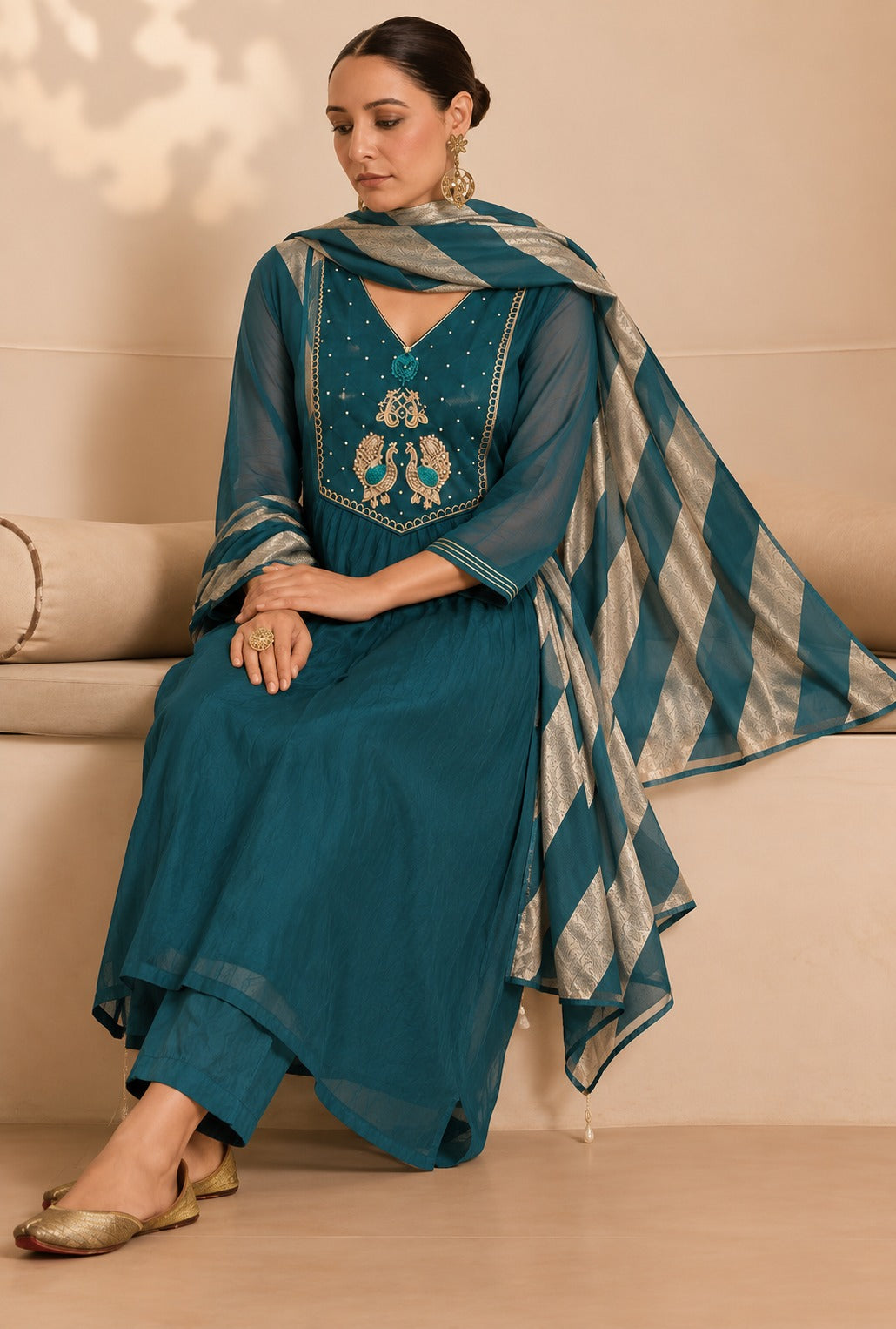 Teal Blue Embroidered A-line with Dupatta