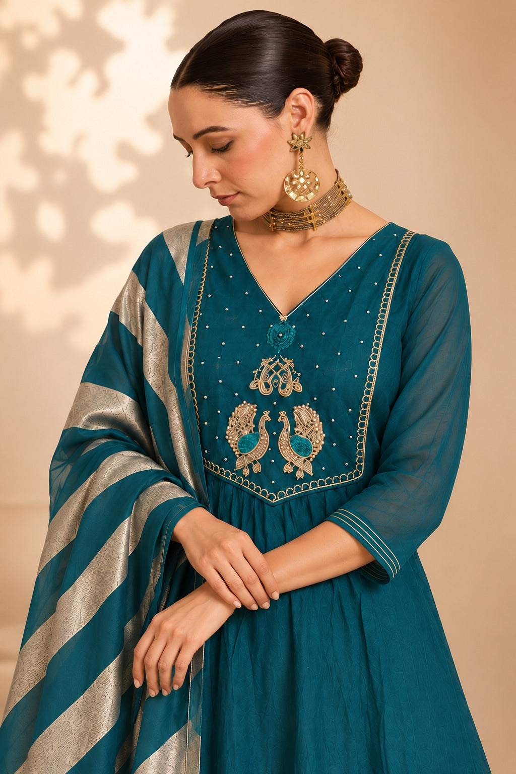 Teal Blue Embroidered A-line with Dupatta
