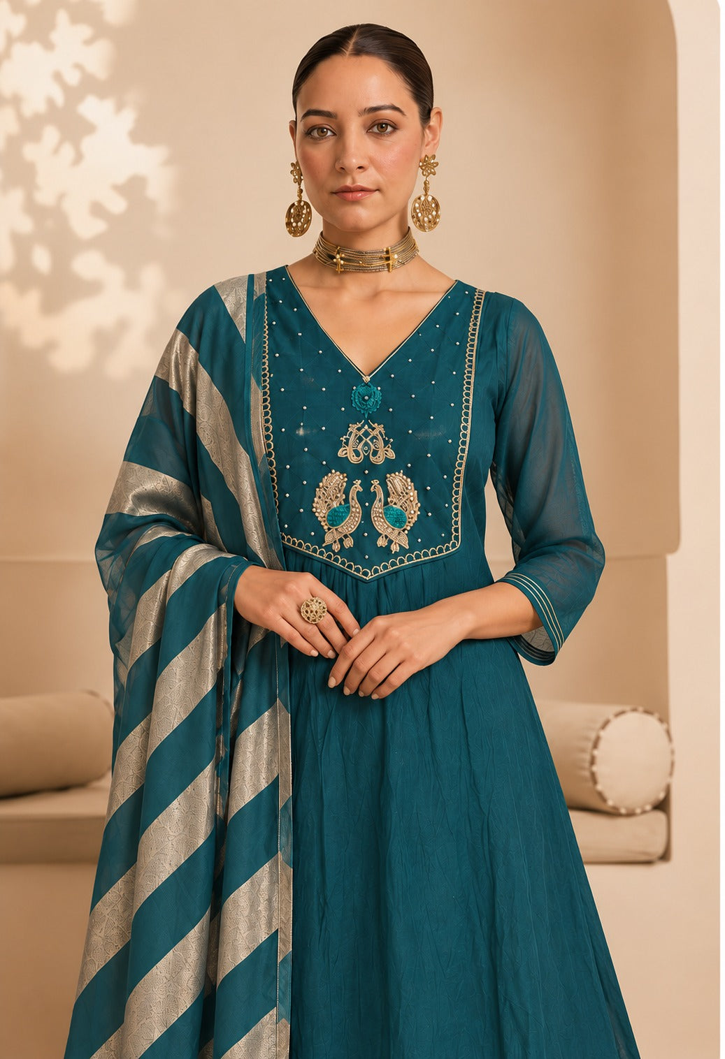 Teal Blue Embroidered A-line with Dupatta