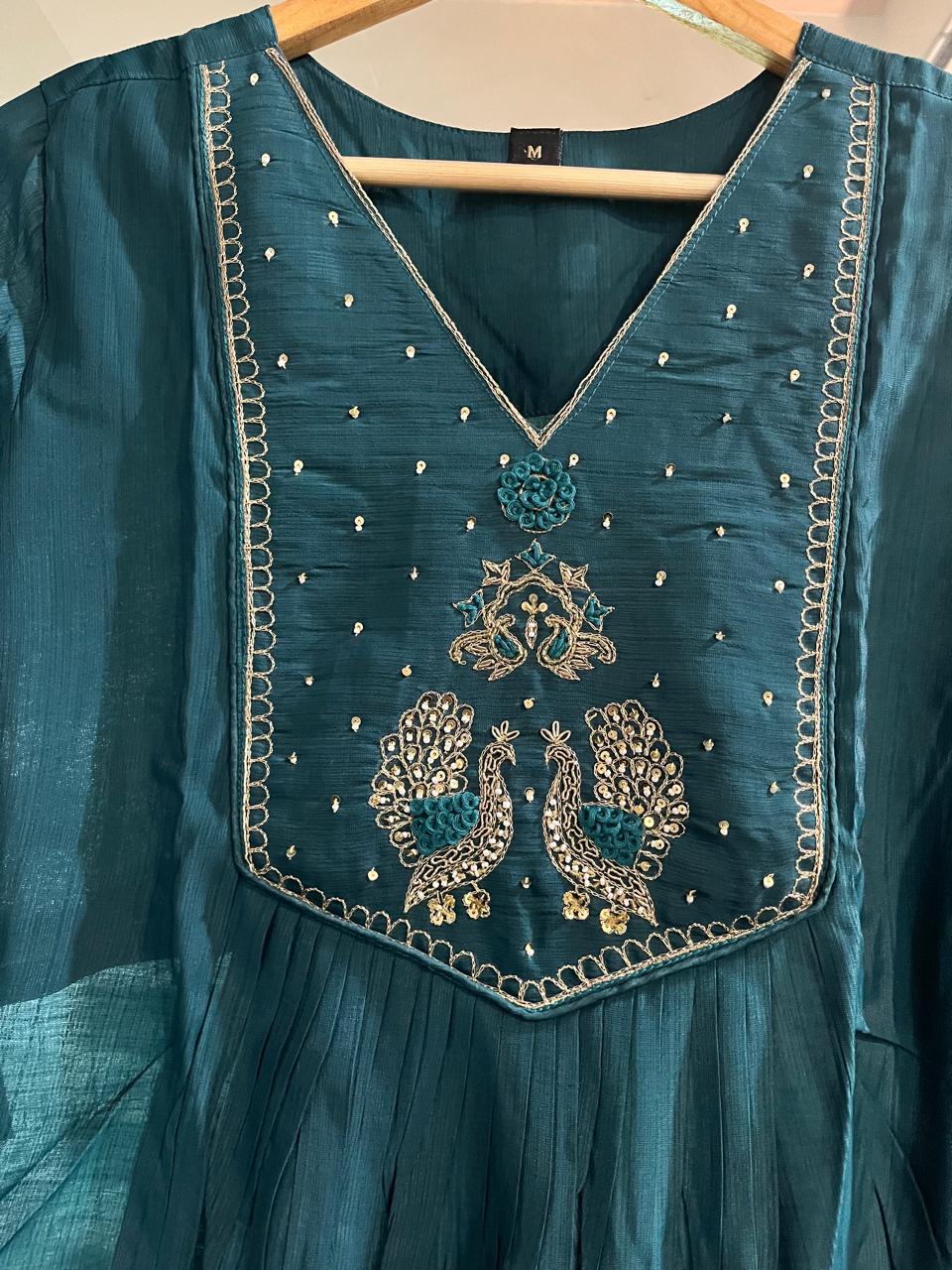 Teal Blue Embroidered A-line with Dupatta