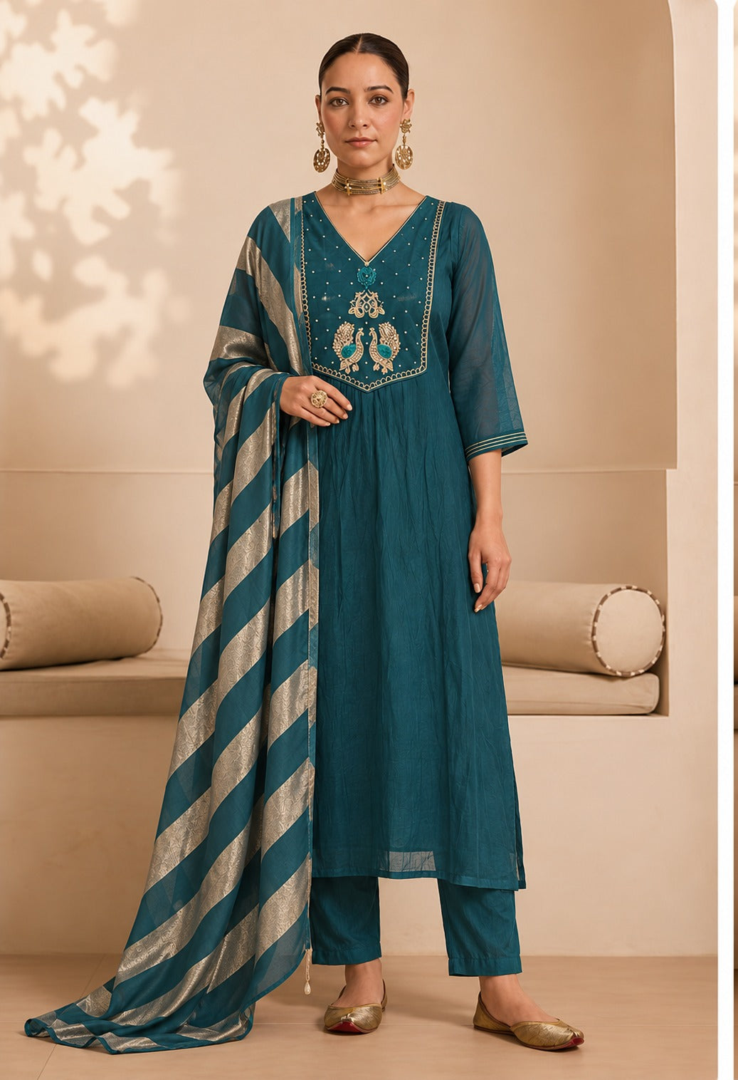 Teal Blue Embroidered A-line with Dupatta
