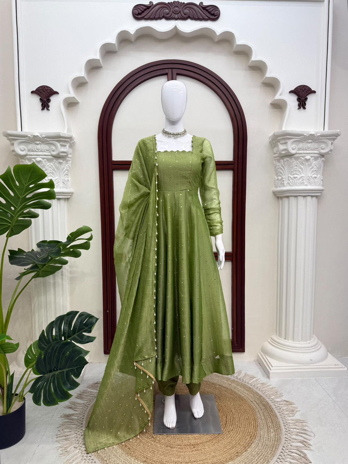 Olive Green Sequin Anarkali Gown Set