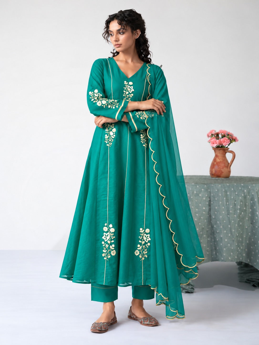 Teal Green Embroidered Anarkali with Dupatta