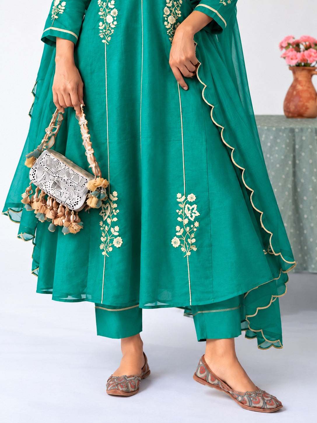Teal Green Embroidered Anarkali with Dupatta