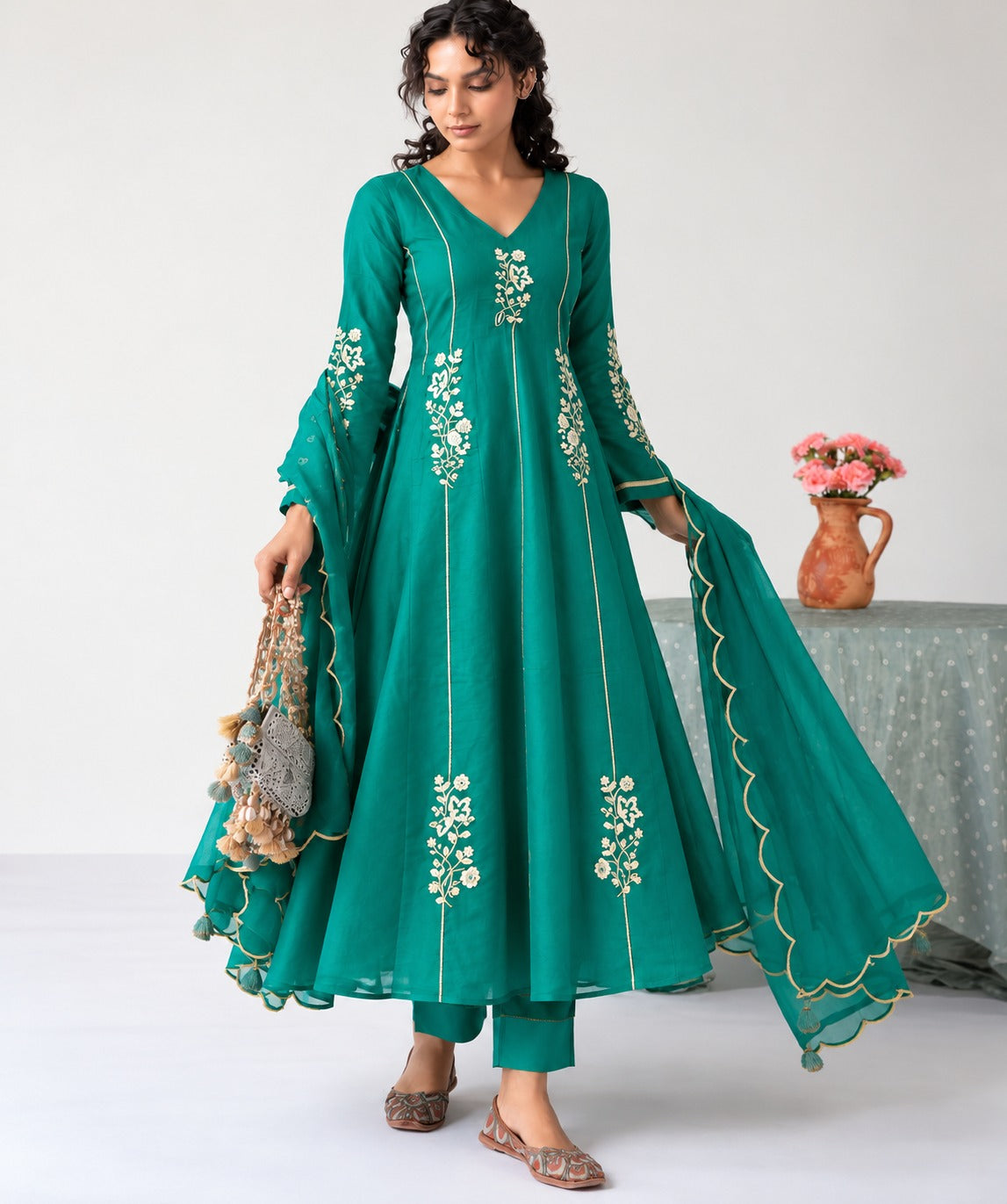 Teal Green Embroidered Anarkali with Dupatta