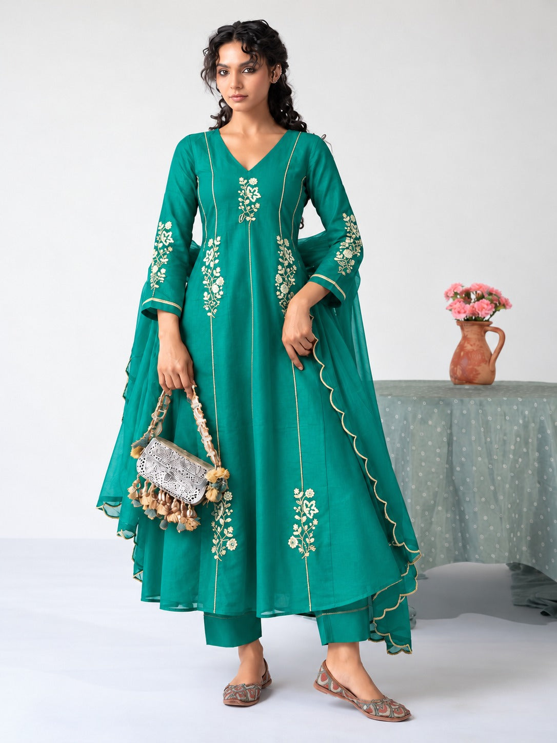 Teal Green Embroidered Anarkali with Dupatta