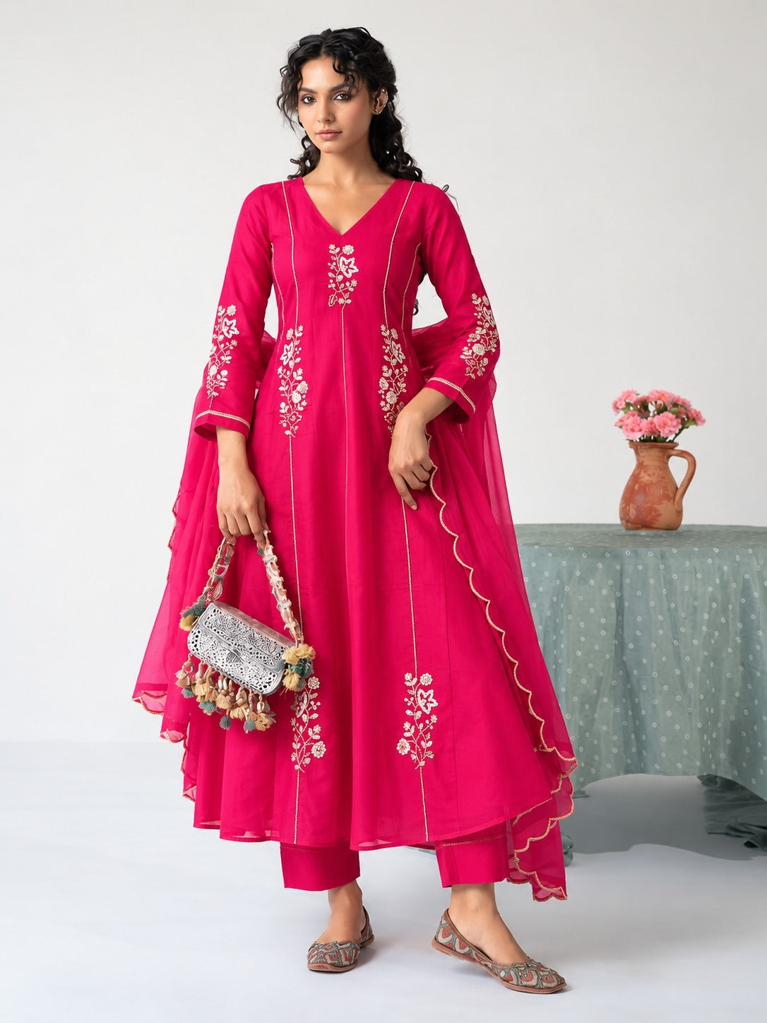 Rani Pink Embroidered Anarkali with Dupatta