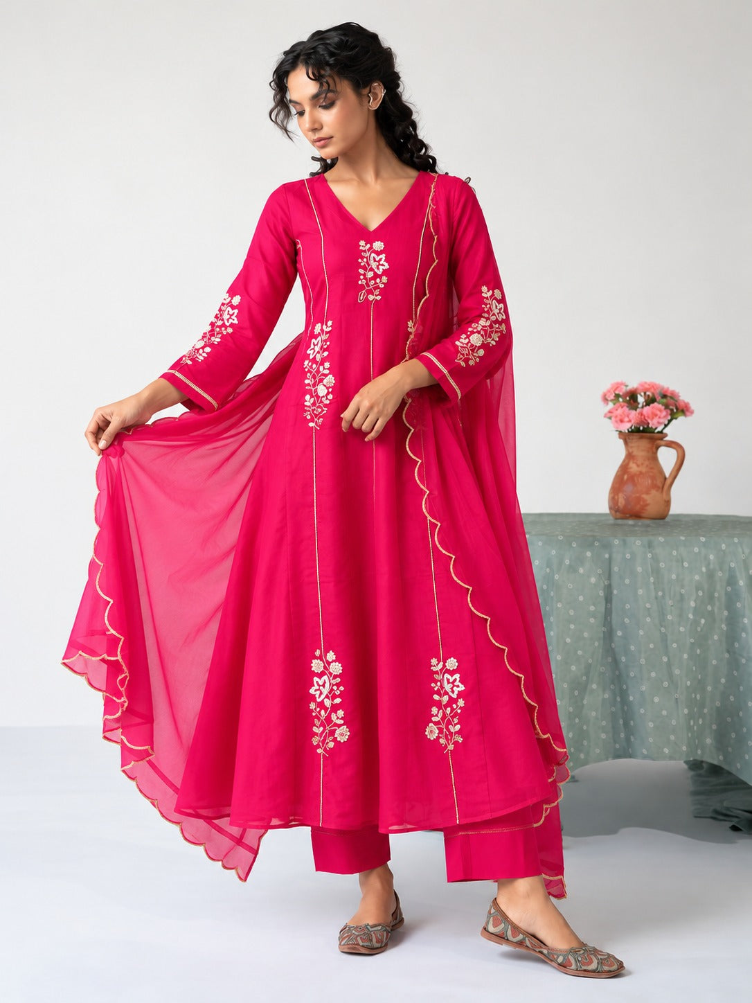 Rani Pink Embroidered Anarkali with Dupatta