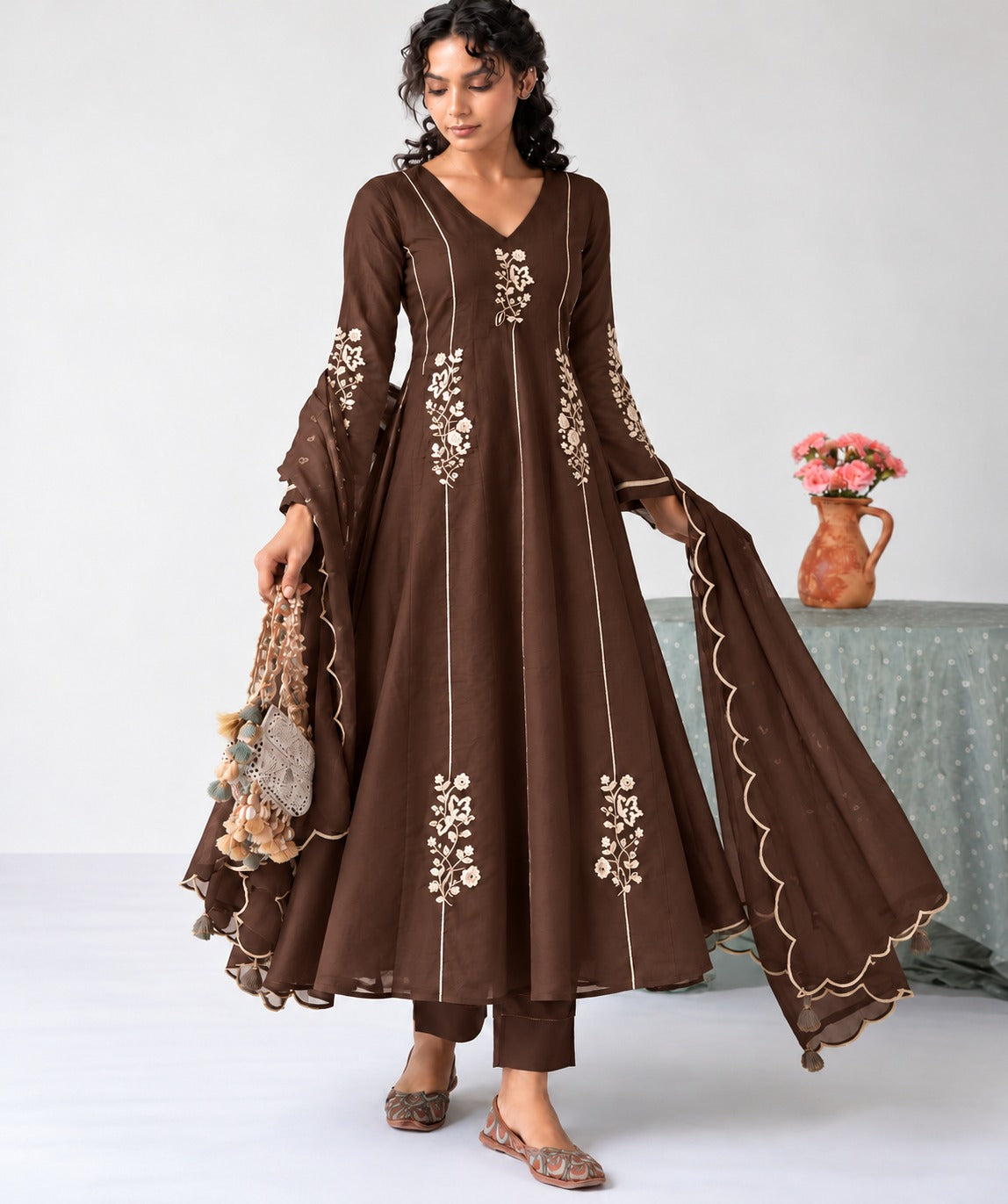 Chocolate Brown Embroidered Anarkali with Dupatta