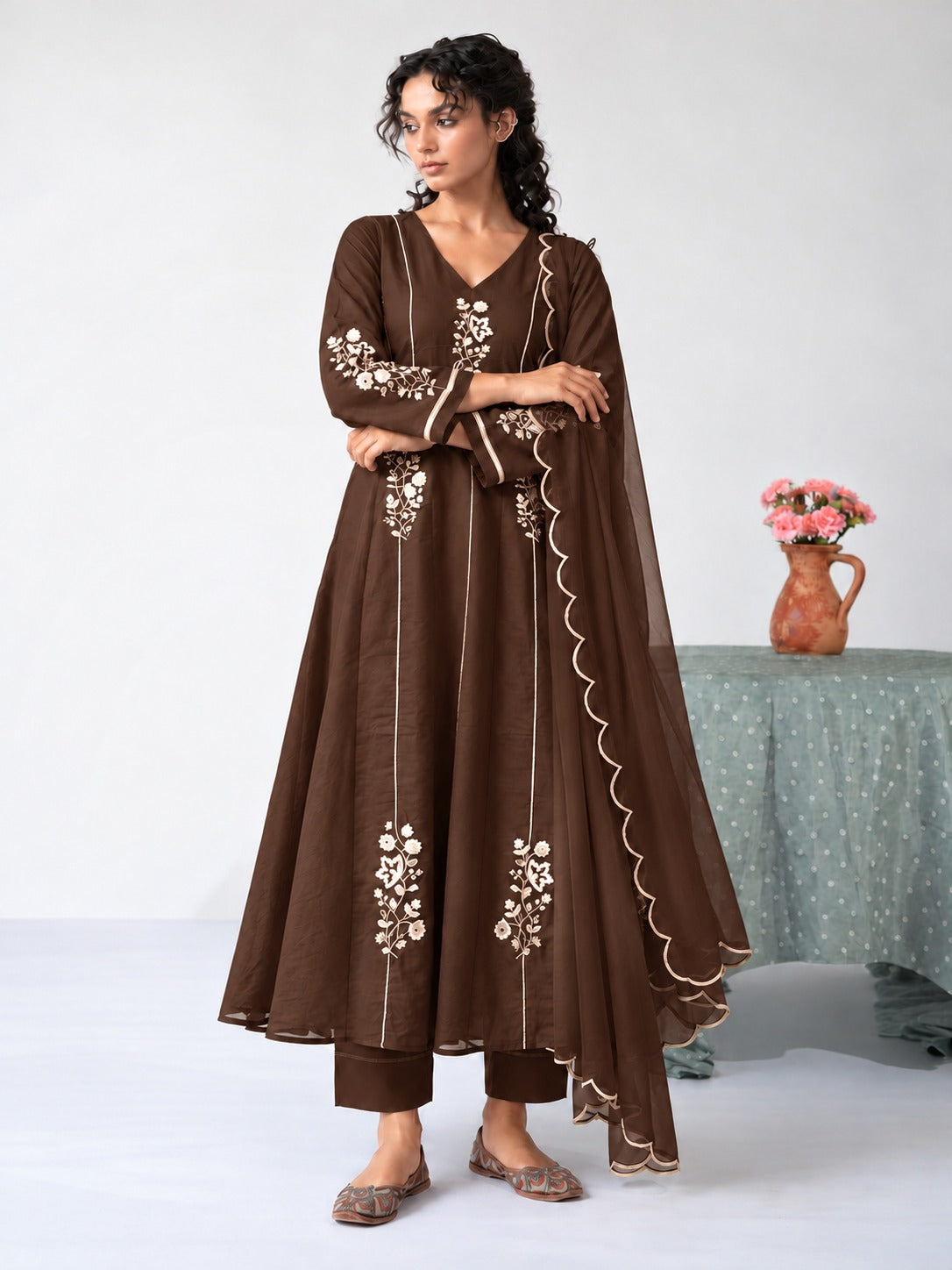 Chocolate Brown Embroidered Anarkali with Dupatta