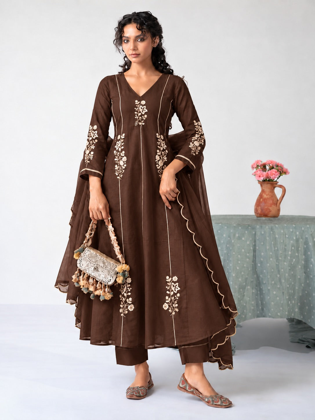Chocolate Brown Embroidered Anarkali with Dupatta