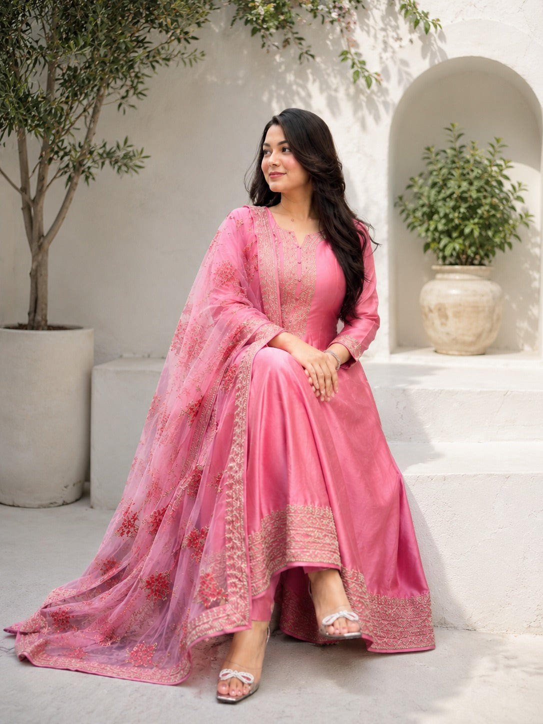 Pink Embroidered Anarkali Suit Set with Floral Net Dupatta