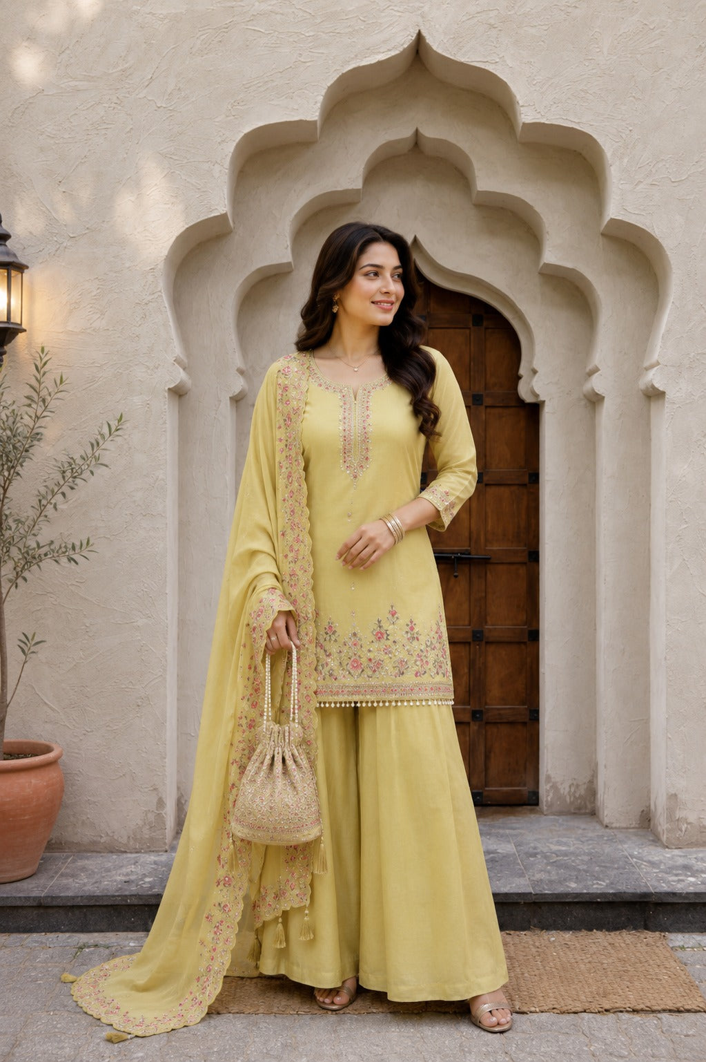 Elegant Pastel Embroidered Kurta Palazzo Set with Dupatta – Ethnic Party Wear Suit