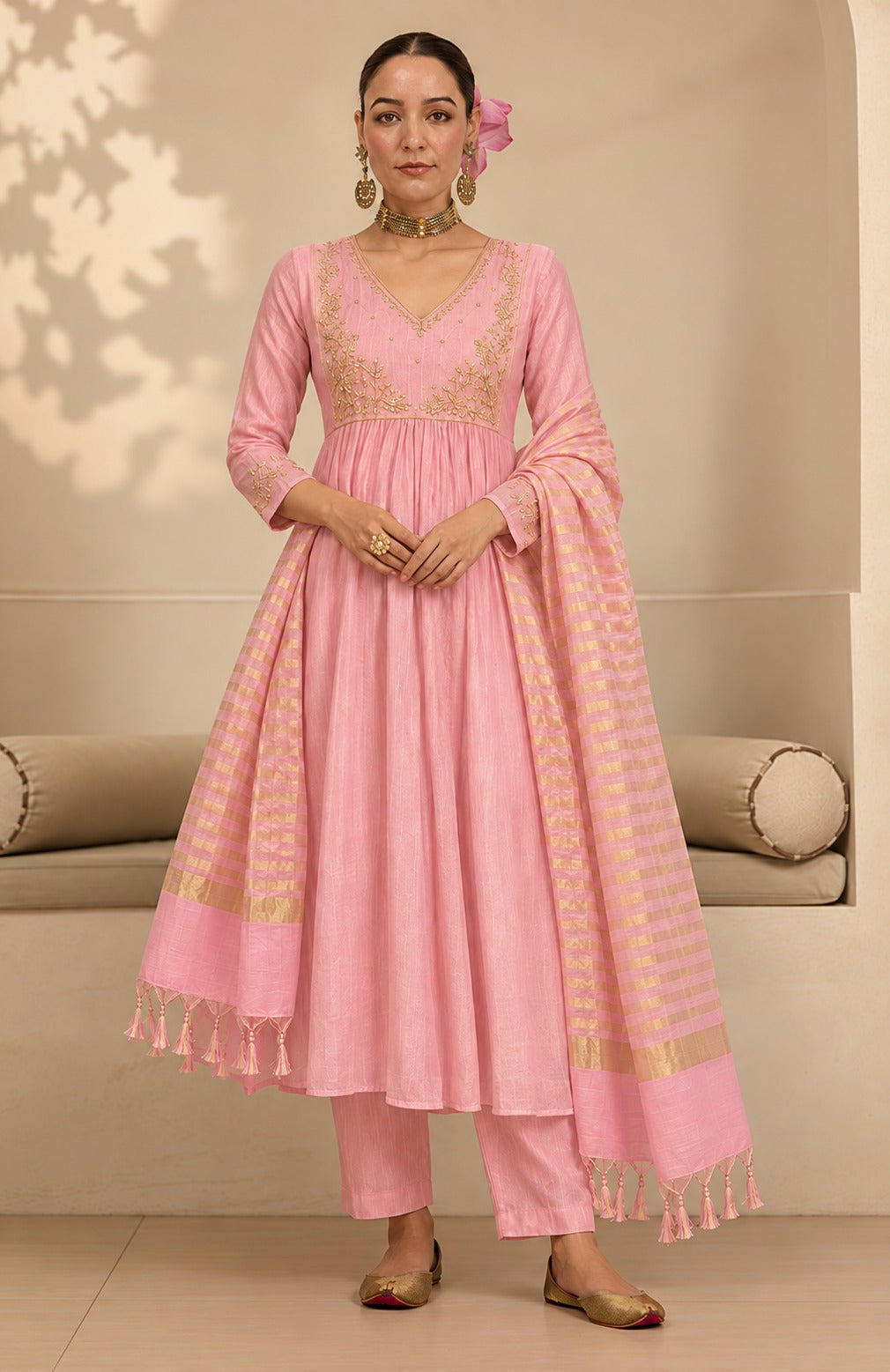 Blush Pink Embroidered Anarkali Suit Set with Matching Pant & Striped Dupatta
