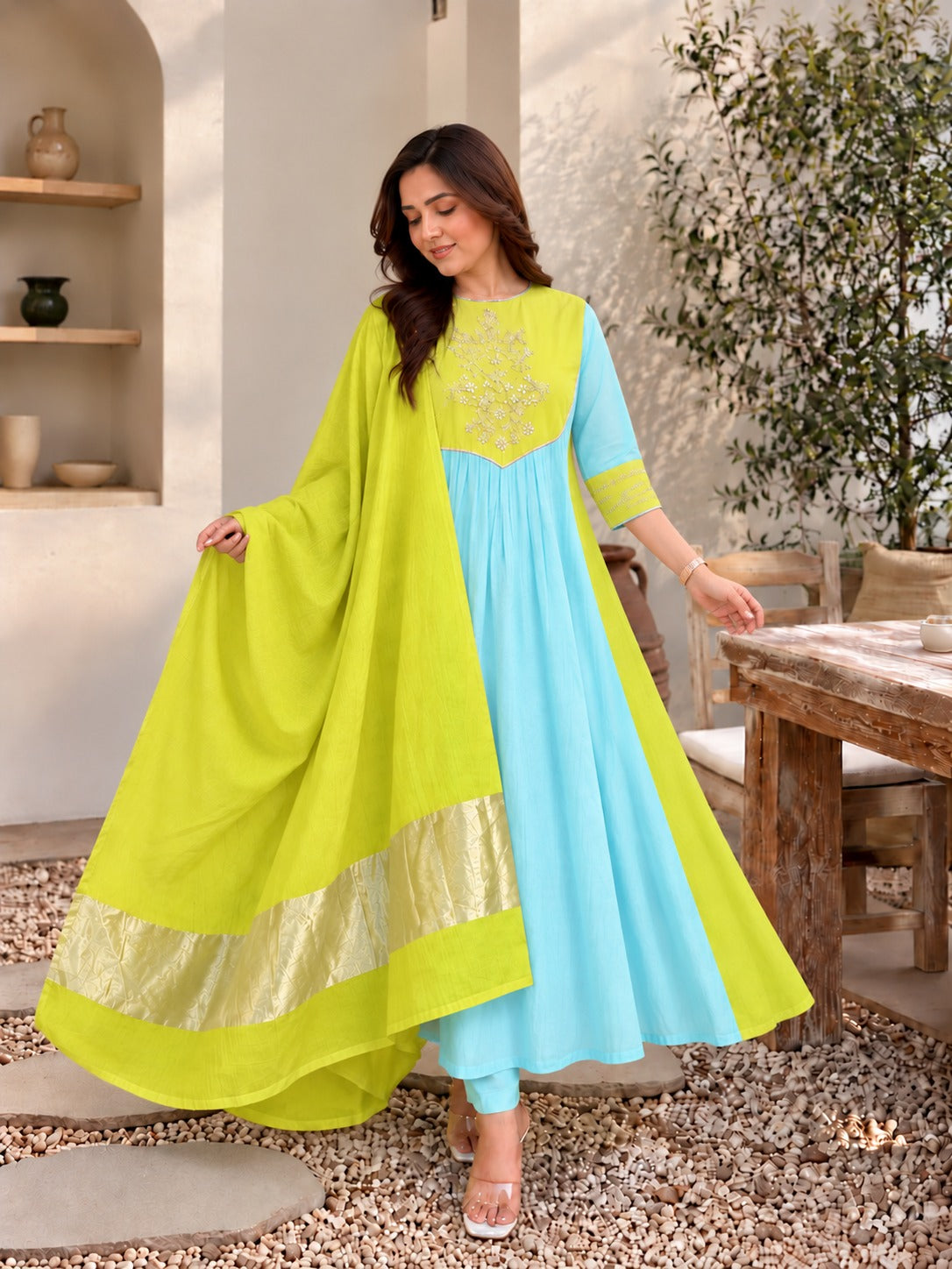 Lime Aqua Anarkali Set