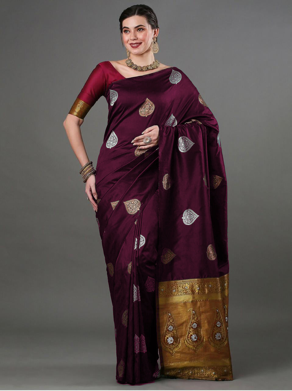 Elegant Wine Silk Saree with Zari Motifs & Rich Copper Border