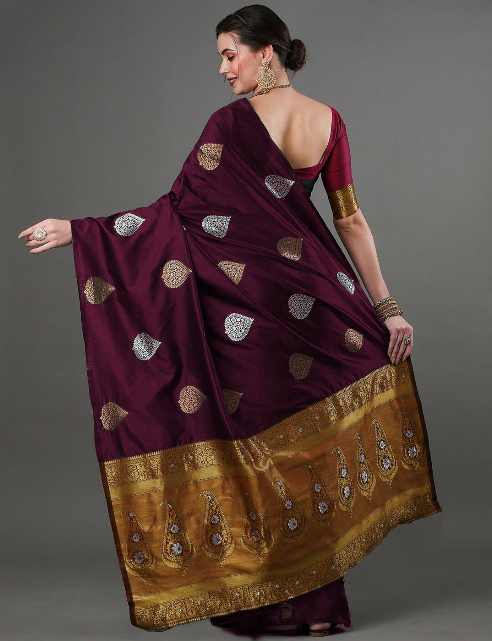 Elegant Wine Silk Saree with Zari Motifs & Rich Copper Border