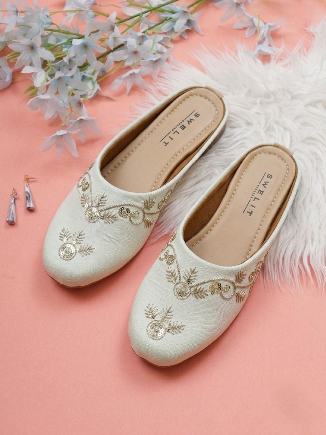 Traditional White Embroidered Flat Mules for Women