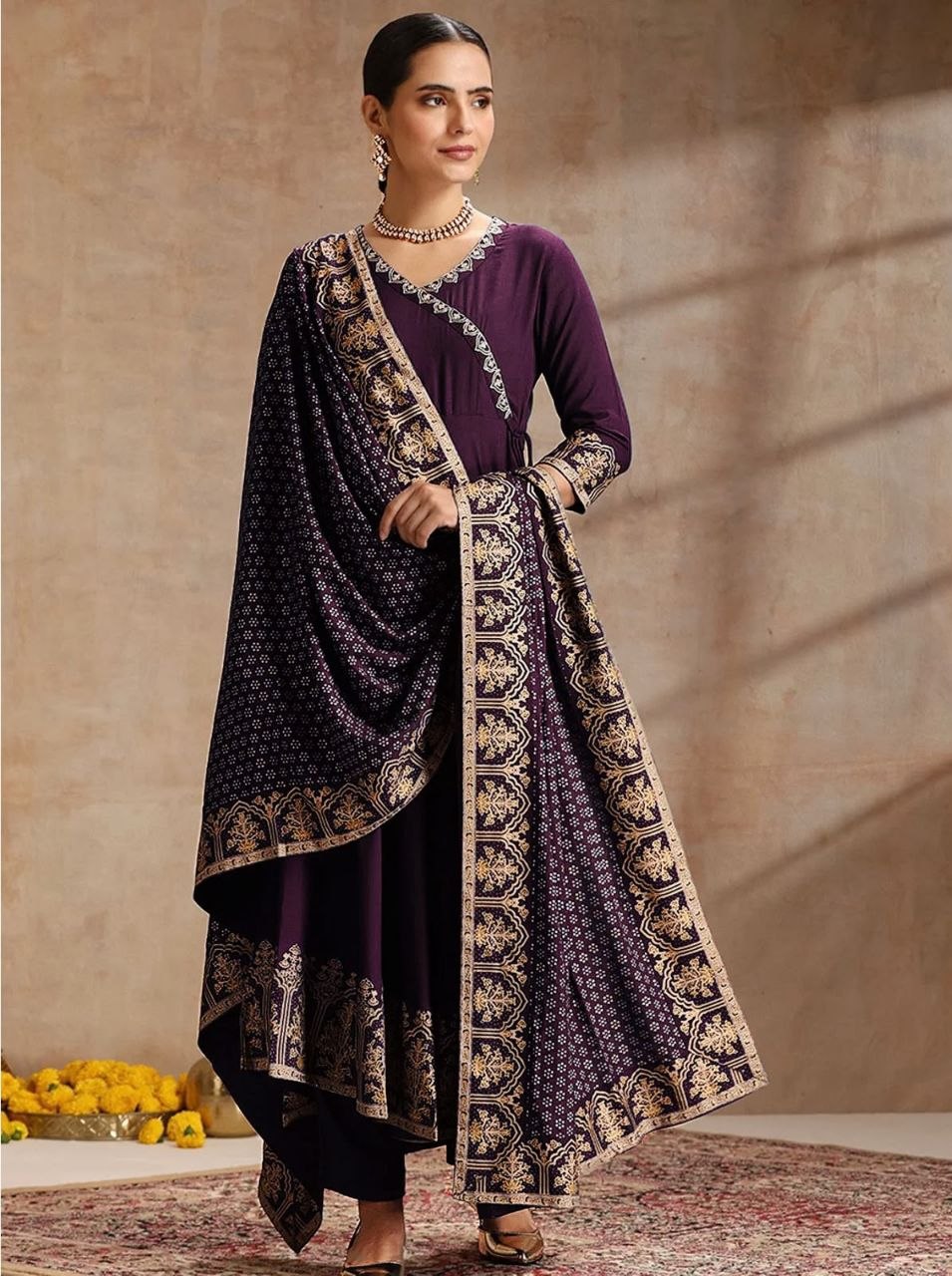Women’s Plum Purple Printed Anarkali Suit Set with Designer Dupatta
