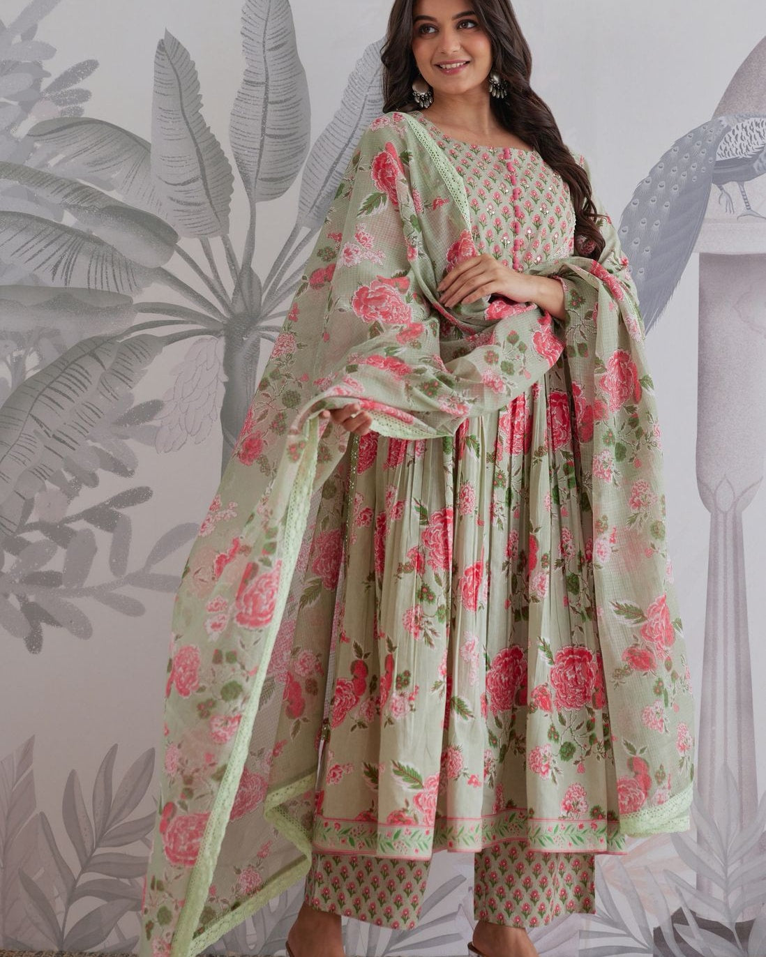 Sage Green Jaipuri Floral Printed Anarkali Kurta Set with Pant & Dupatta