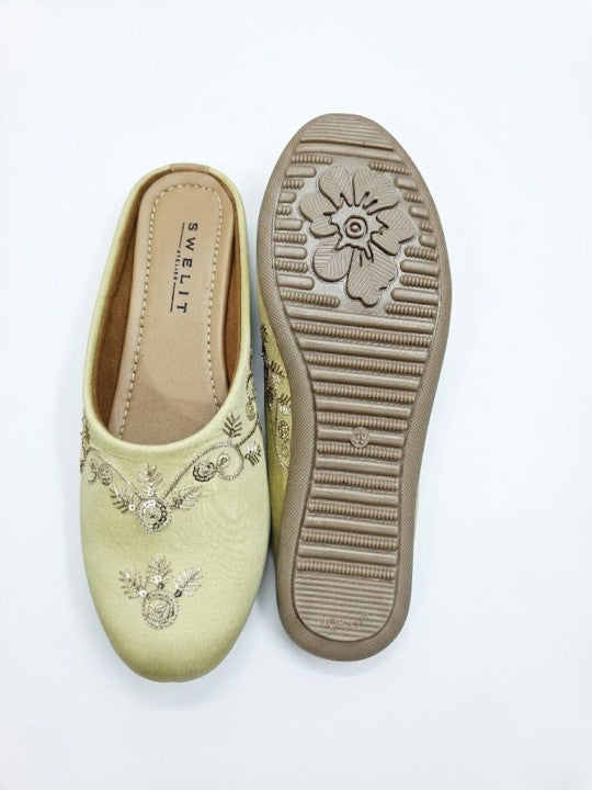 Traditional Yellow Embroidered Flat Mules for Women