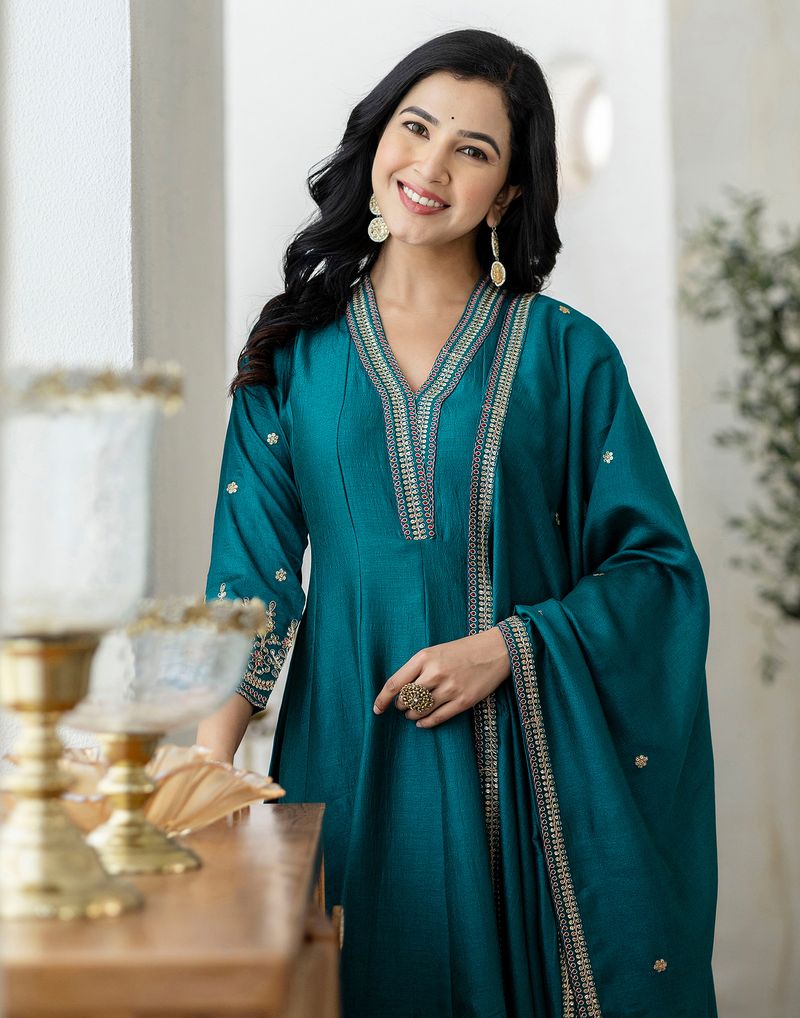 Women's Teal Blue Embroidered Anarkali Kurta with Sharara Set