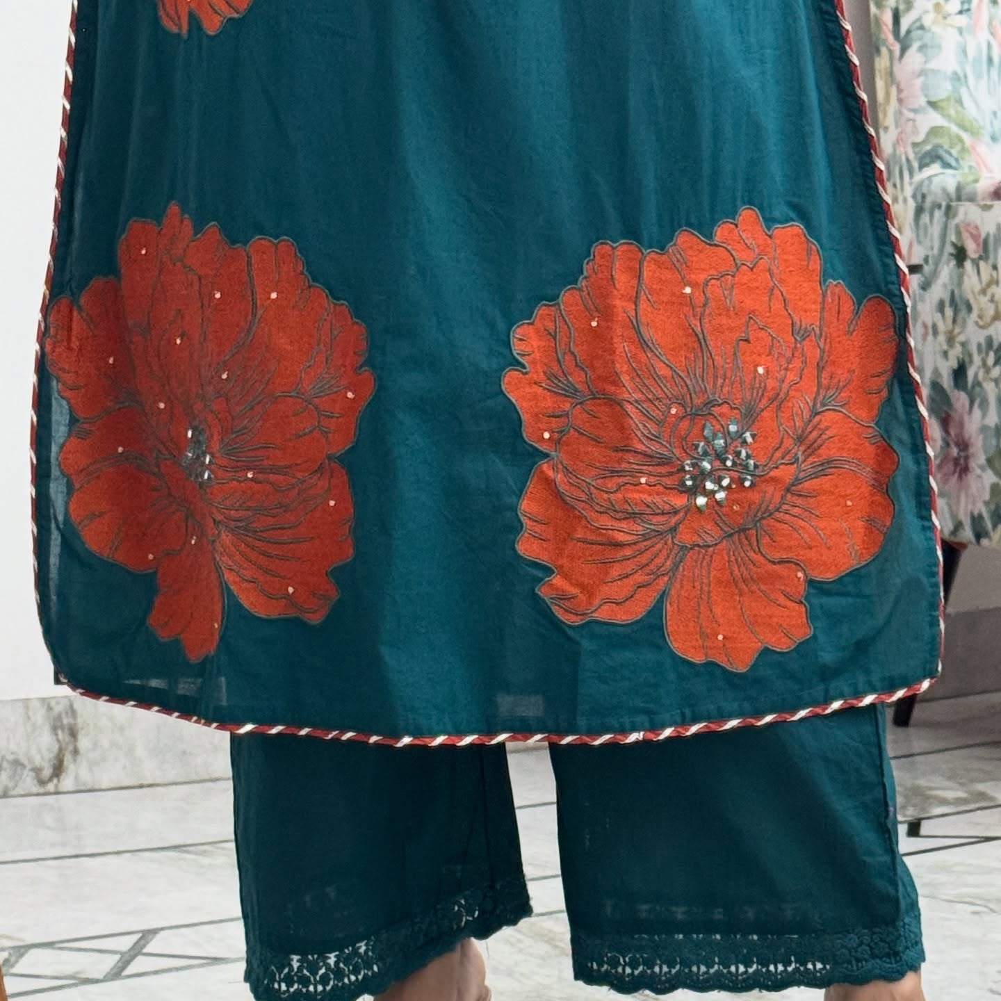 Teal Green Floral Printed Kurta Set with Dupatta – Elegant Festive Wear Suit Set