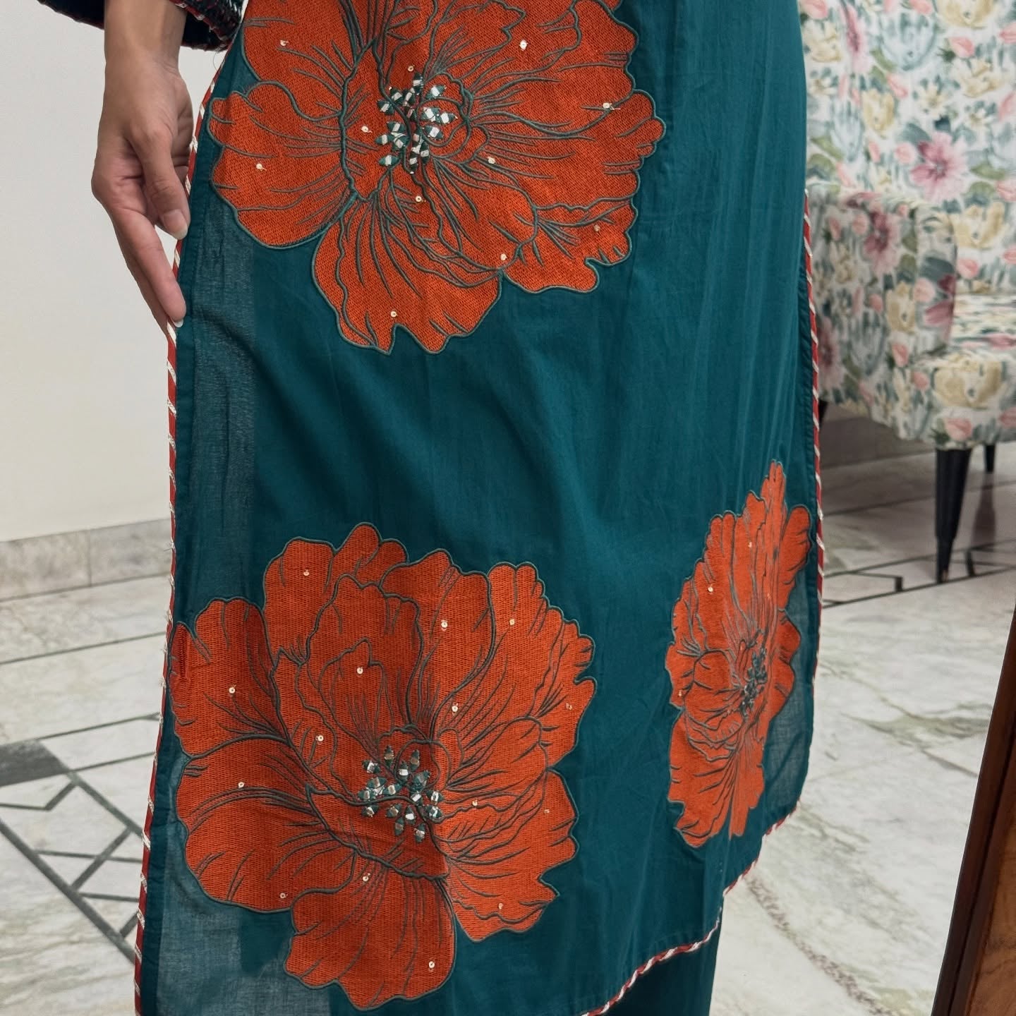 Teal Green Floral Printed Kurta Set with Dupatta – Elegant Festive Wear Suit Set