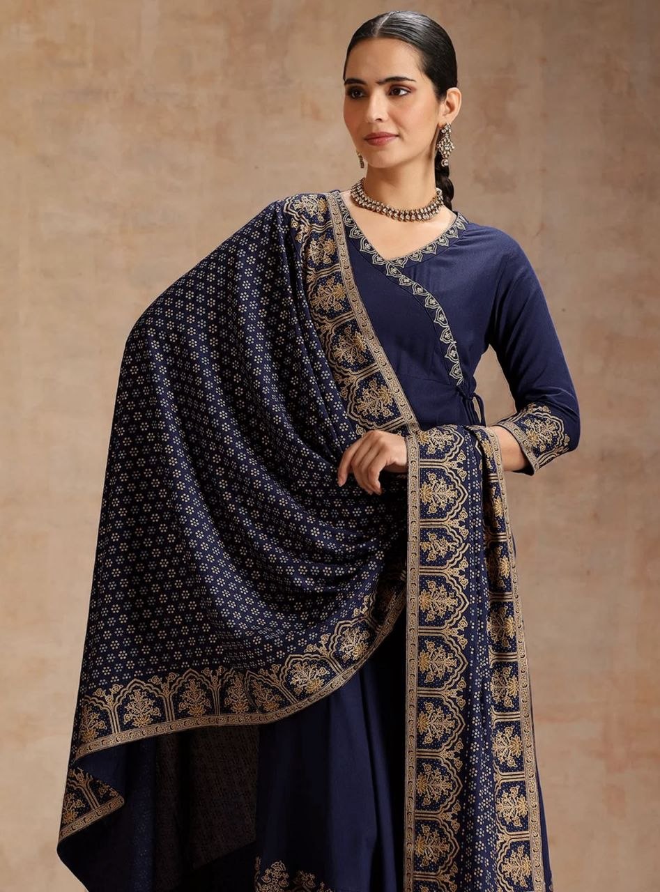 Women’s Navy Blue Printed Anarkali Suit Set with Designer Dupatta