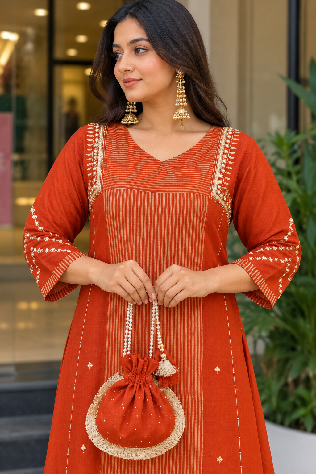 Women's Premium Deep Orange Embroidered Straight Kurta Set with Dupatta