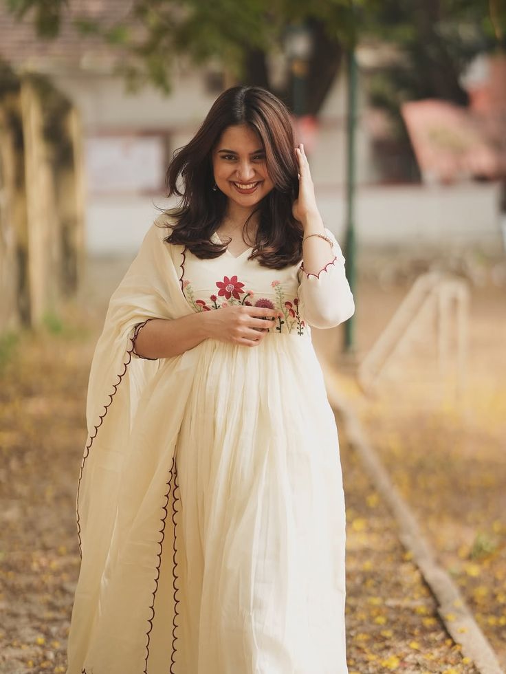 White Floral Embroidered Mul Cotton Anarkali Set with Dupatta