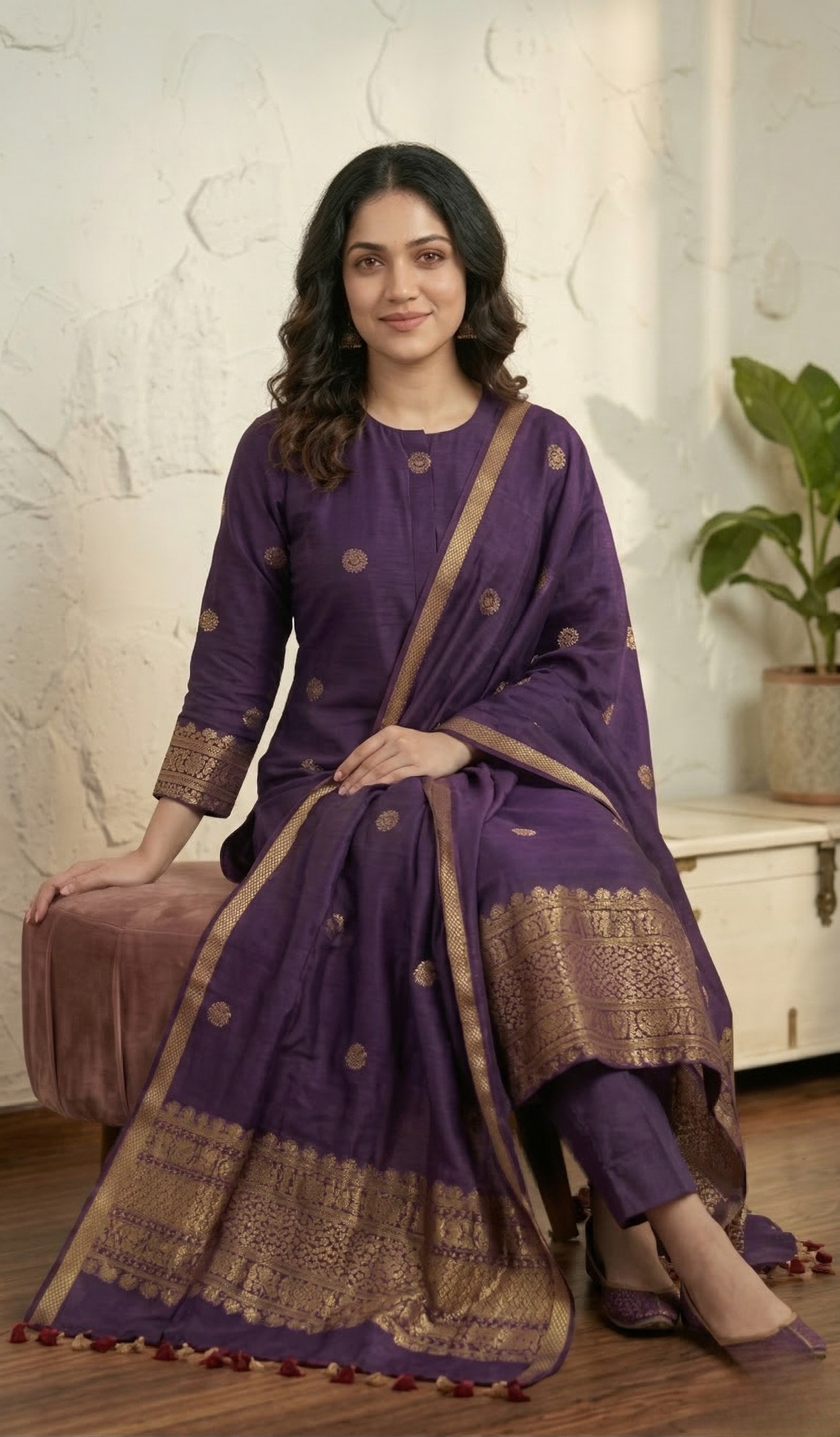 Elegant Purple Kurta Pant Set with Gold Motif Work & Border Dupatta