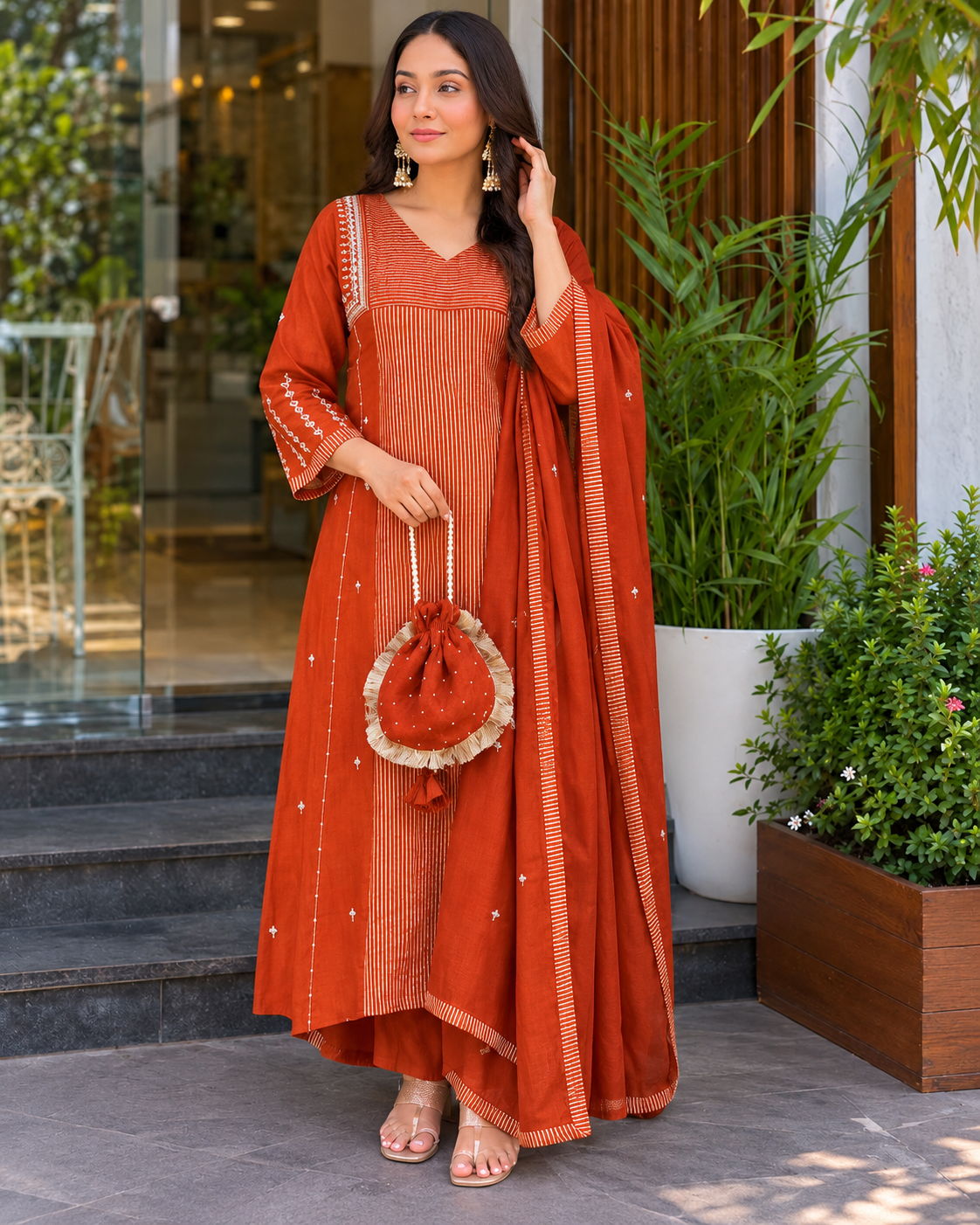 Women's Premium Deep Orange Embroidered Straight Kurta Set with Dupatta
