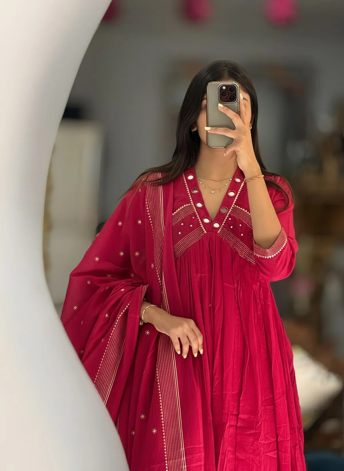 Pleated Cotton Anarkali Suit Set with Mirror-Work Yoke