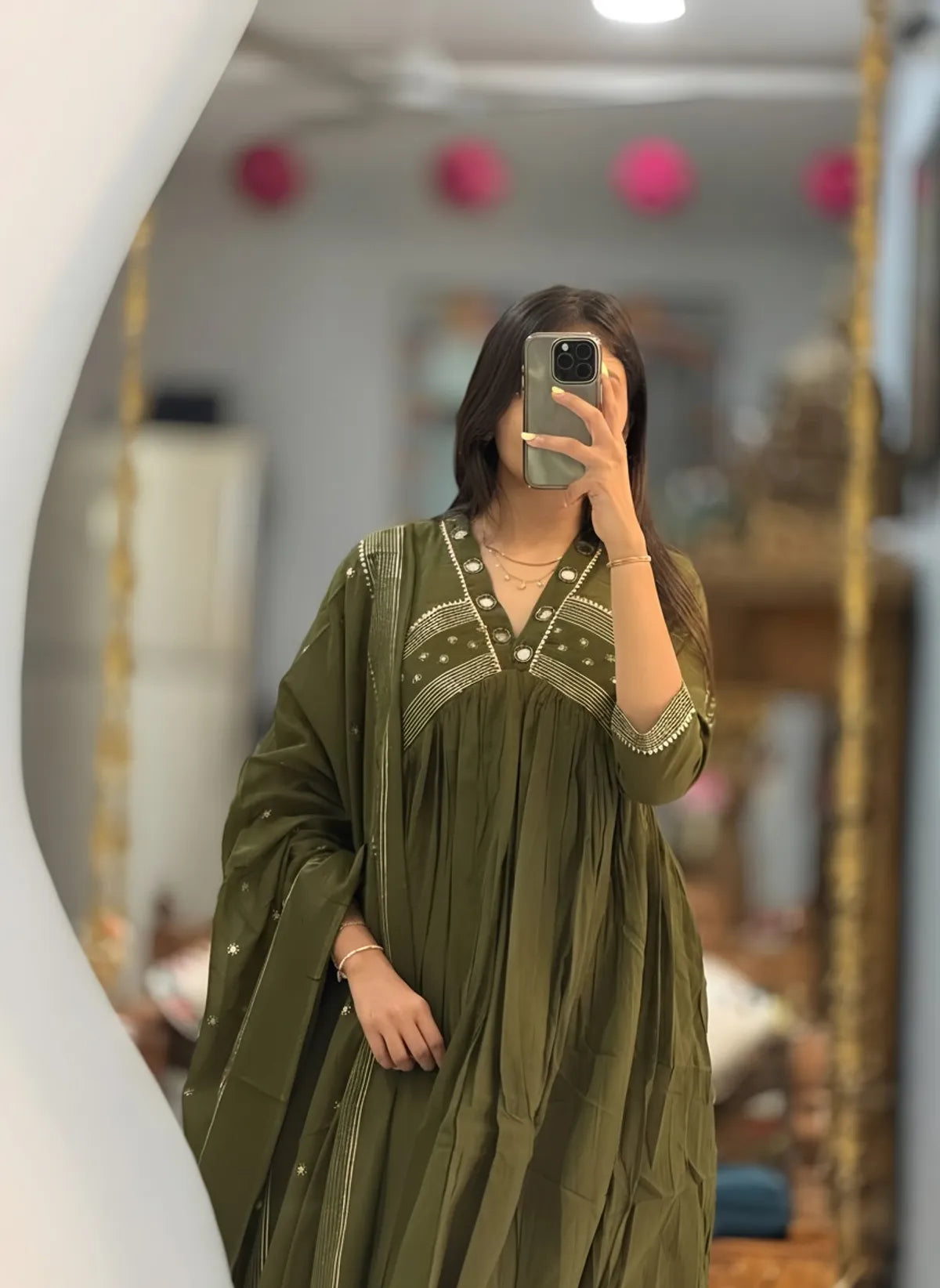 Pleated Cotton Anarkali Suit Set with Mirror-Work Yoke